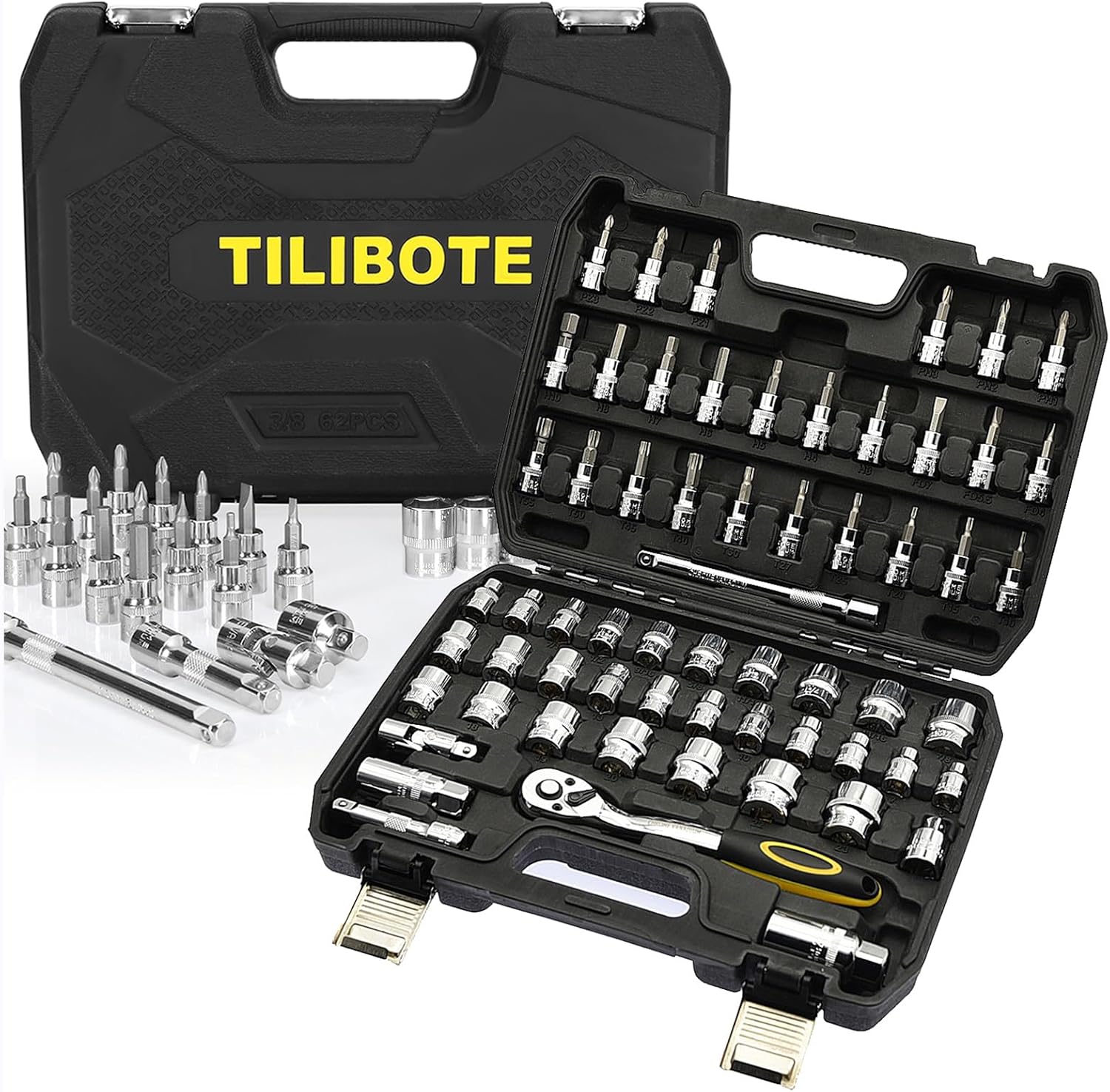 Socket Wrench Set, 62PCS 3/8" Ratcheting Wrench Set With 72 Tooth Count Ratchet, SAE & Metric From 5/16" - 7/8 ", 6mm - 23mm,Tool Set For Home Use and Automotive Repair