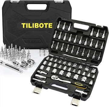TILIBOTE Socket Wrench Set, 62PCS 3/8" Ratcheting Wrench Set With 72 Tooth Count Ratchet, SAE & Metric From 5/16" - 7/8 ", 6mm - 23mm,Tool Set For Home Use and Automotive Repair
