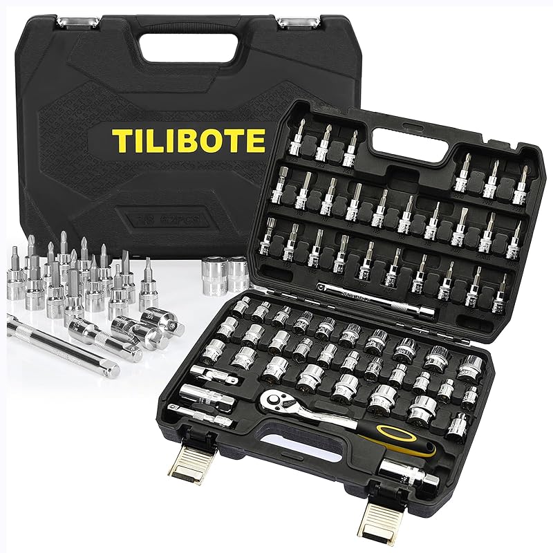 Jogo de Soquetes e Chave Catraca TILIBOTE com 62 Peças, Encaixe de 12,7 mm (3/8 pol.), 72 Dentes, SAE e Métrico