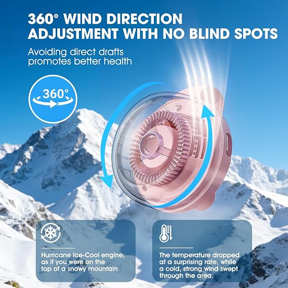 Timeno Portable Clip-On Bladeless Fan, Mini USB Rechargeable 360 Rotatable Fan, 3-Speed Silent Personal Cooling Fan for Outdoor Travel Office (Pink)