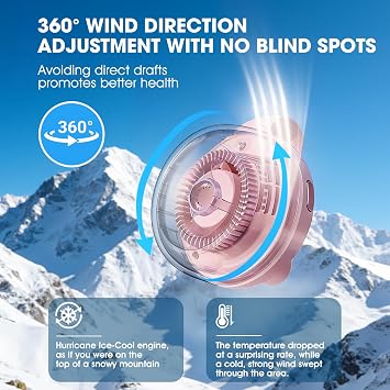 Timeno Portable Clip-On Bladeless Fan, Mini USB Rechargeable 360 Rotatable Fan, 3-Speed Silent Personal Cooling Fan for Outdoor Travel Office (Pink)