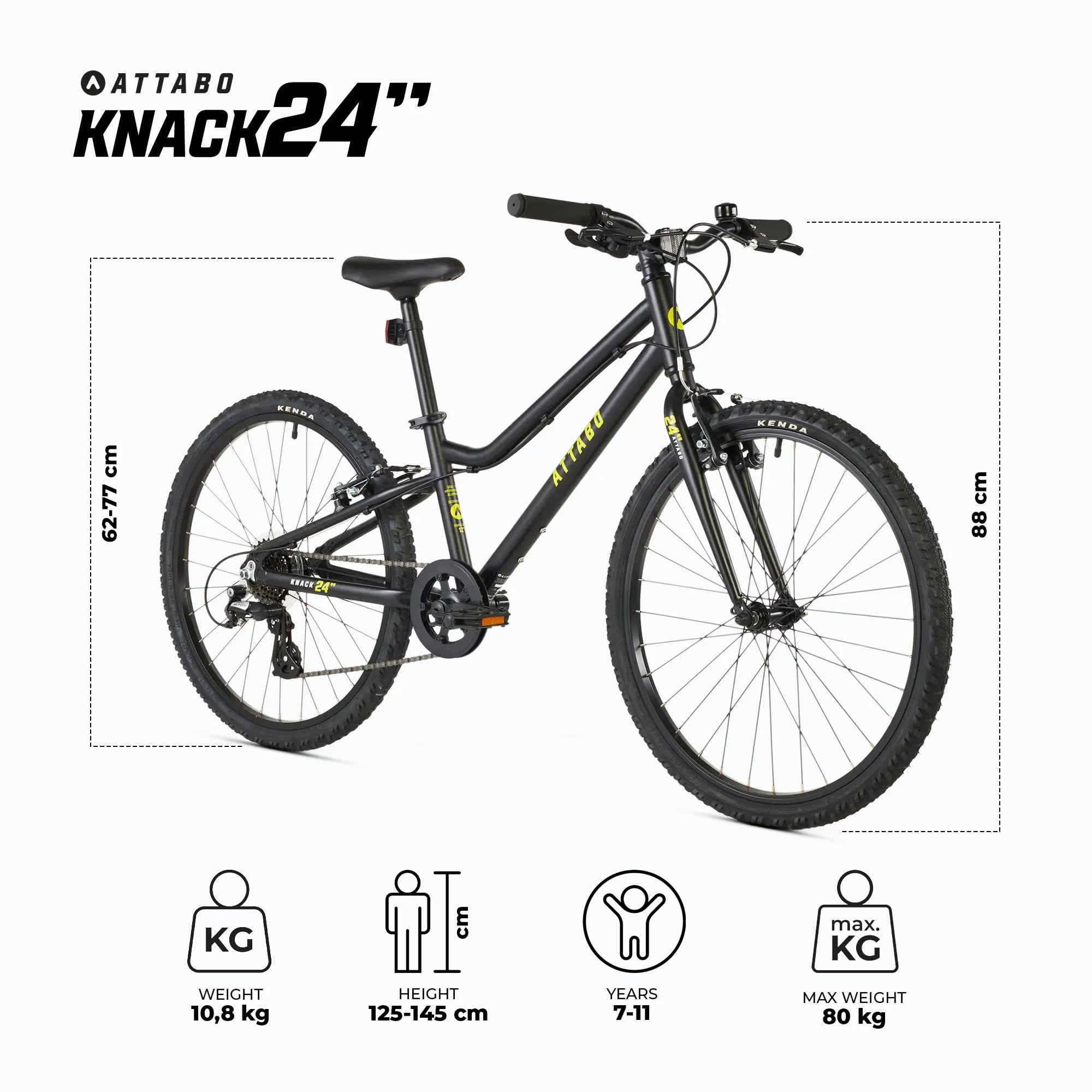 ATTABO Knack 24 - Bicicleta Infantil (7-11 años) con Cuadro de Aluminio Ligero (Solo 10 kg), Ruedas de 24", Horquilla de Acero, para 120-145 cm, Manillar ergonómico Ideal para Senderismo y Tiempo
