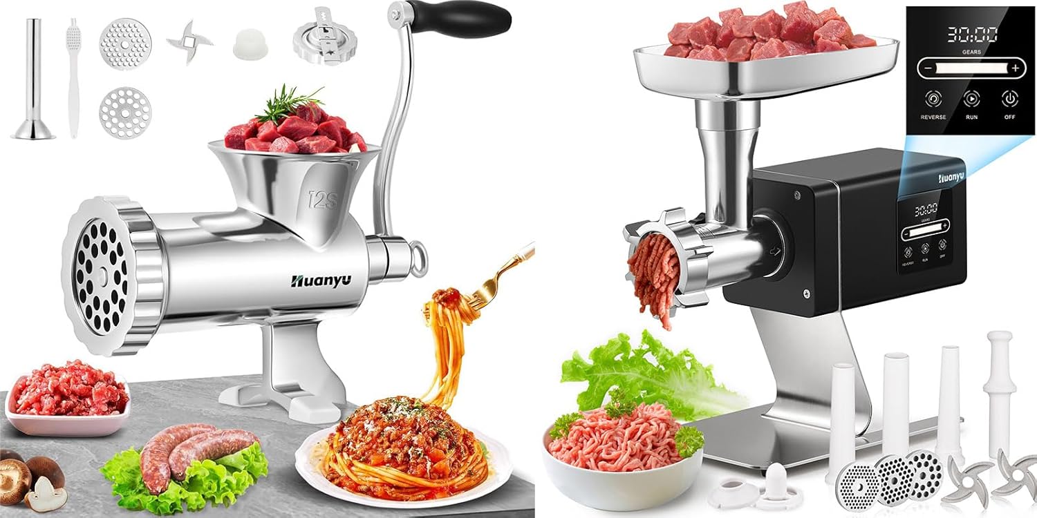 Huanyu Manual Meat Grinder with Biscuit Making Accessories (NO.12s) and Huanyu Commercial Meat Grinder #12 Variable RPM With Touchscreen Heavy Duty 1.3HP Bundle