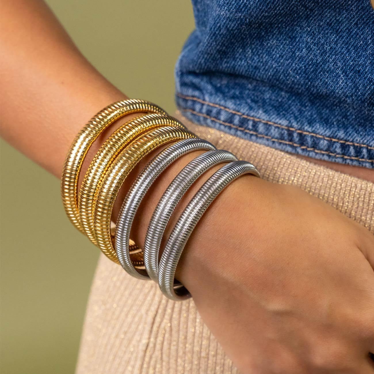 MISS RIGHT Gold Chunky Stretch Snake Chain Bangle Bracelets Stack for Women Trendy, 18K Gold Filled Stainless Steel Stretchy Womens Stackable Wristband Bangles Bracelet Set - Image 2