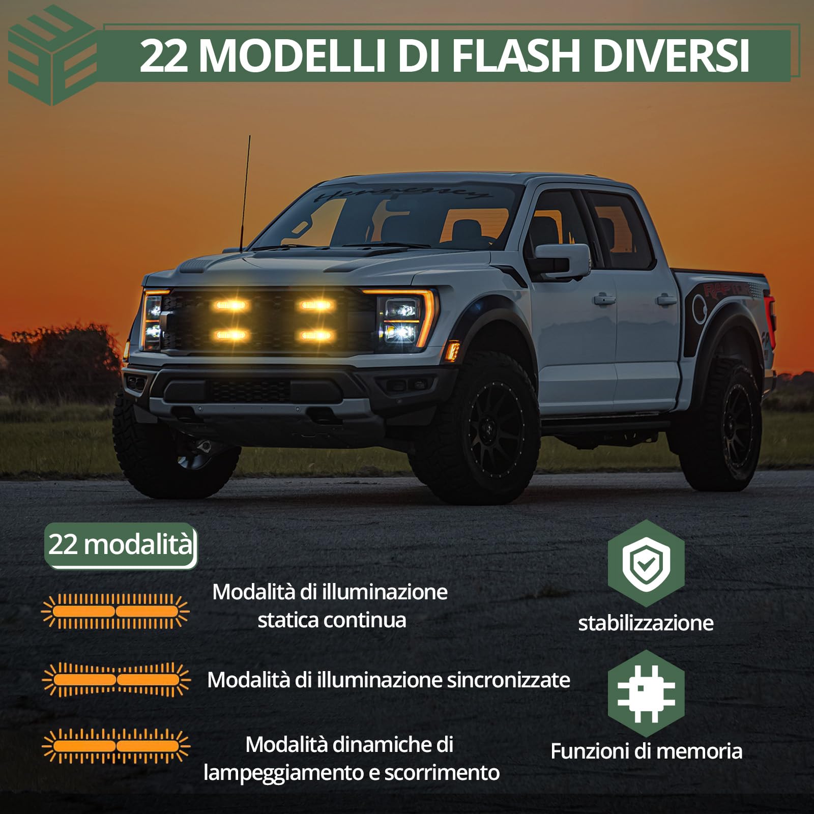 EYPINS 4x 12 LED 12 W Luci Lampeggianti LED con Cavo di Sincronizzazione 22 Modalità Flash Impermeabile IP65,Luci di Emergenza Ambra 12/24 V,per Trattore Camion Auto e Rimorchio,Conforme E9
