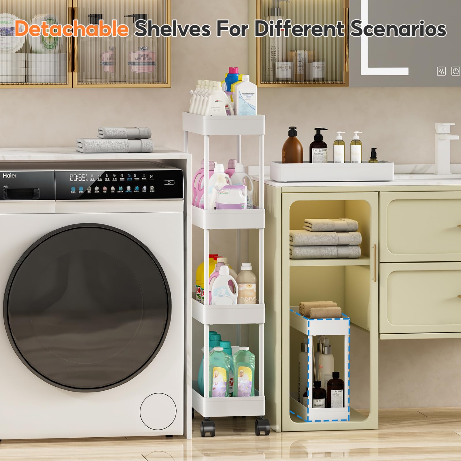 Shirvee 3PCS Carrello con Ruote a 4 Ripiani Mobile Rotelle Salvaspazio Storage Rack Bagno Cucina per Portavivande Portafrutta (Bianco)
