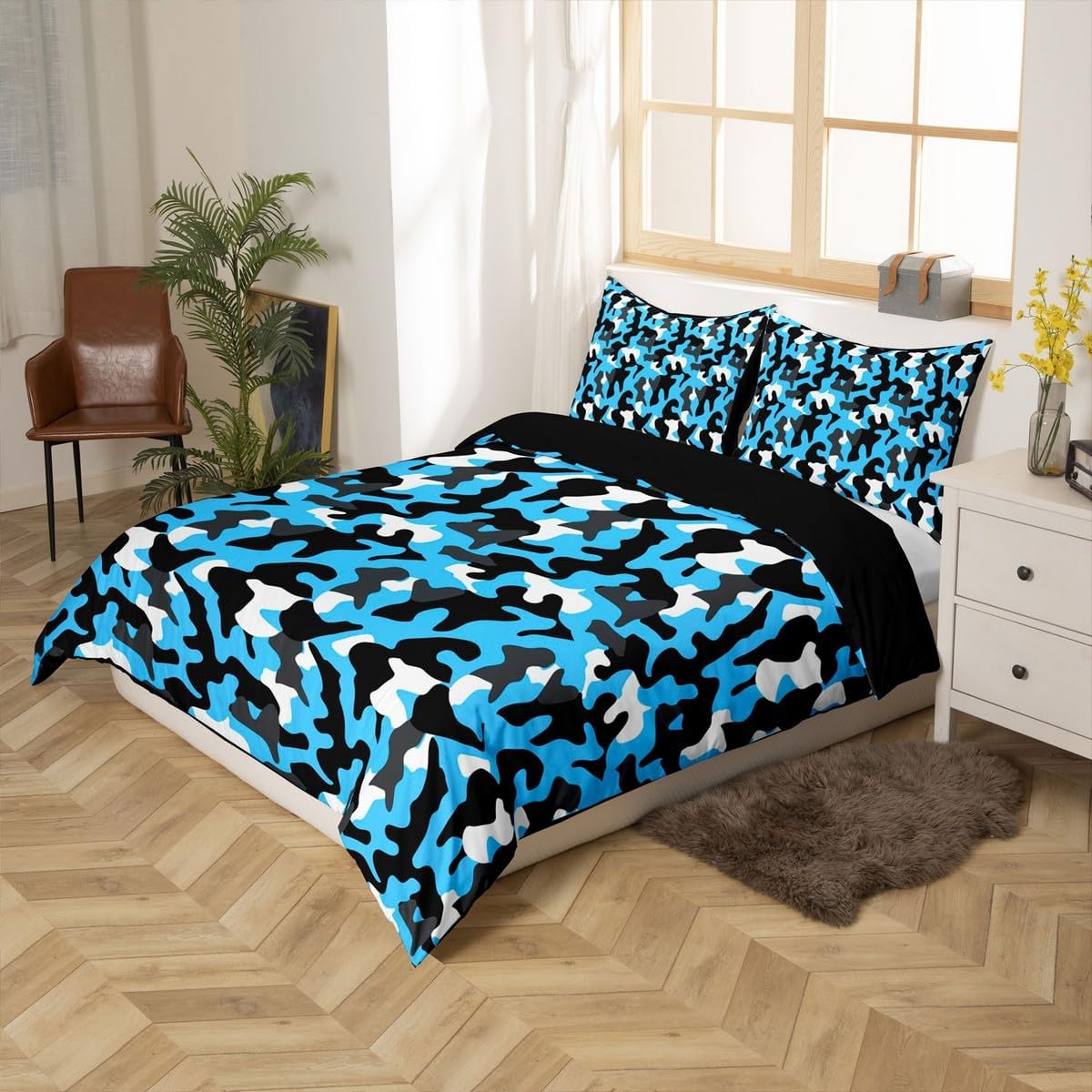 Camoflage Duvet Cover Set Toddler Size,Camo Army Military Style Bedding Set,Boys Girls Room Decor,Wild Rustic Farmhouse Hunting Cabin Comforter Cover,Blue Black Quilt Cover,1 Pillowcase(No Filler)