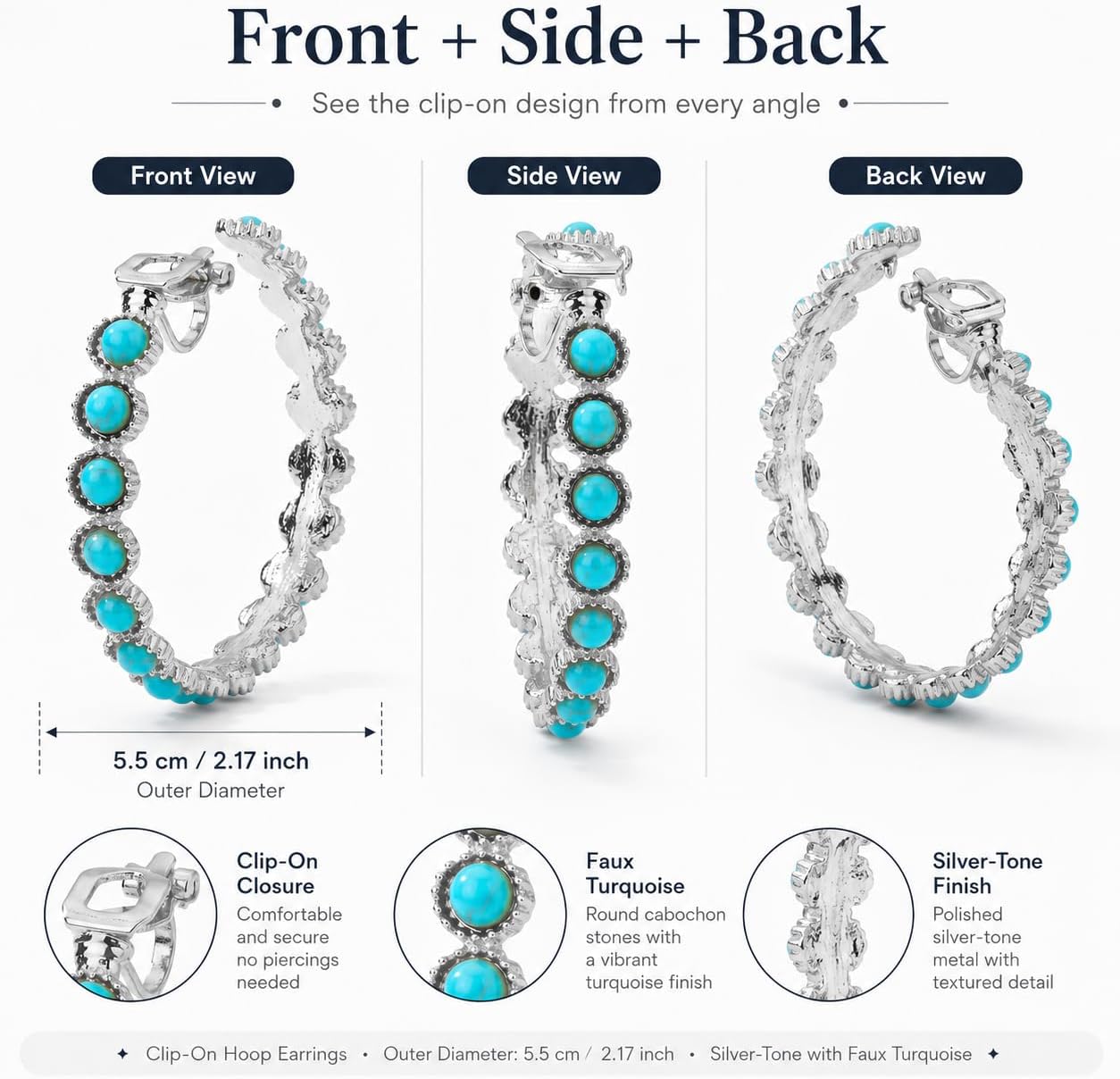 Turquoise Clip On Hoop Earrings Gold and Turquoise Jewelry Silver Western Hoop Earrings Non-Pierced Western Accessories Country Concert Outfits for Women