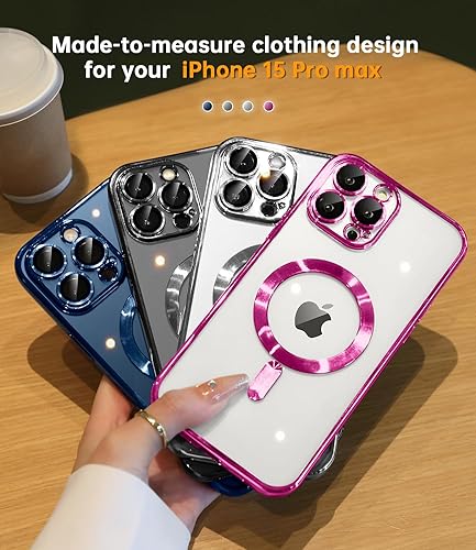 Miniatura 6 de Funda para iPhone 15 Pro Max con protección integrada de lente de cámara, trabajo sin costuras con Magsafe Parachoques suave y brillante metálico,
