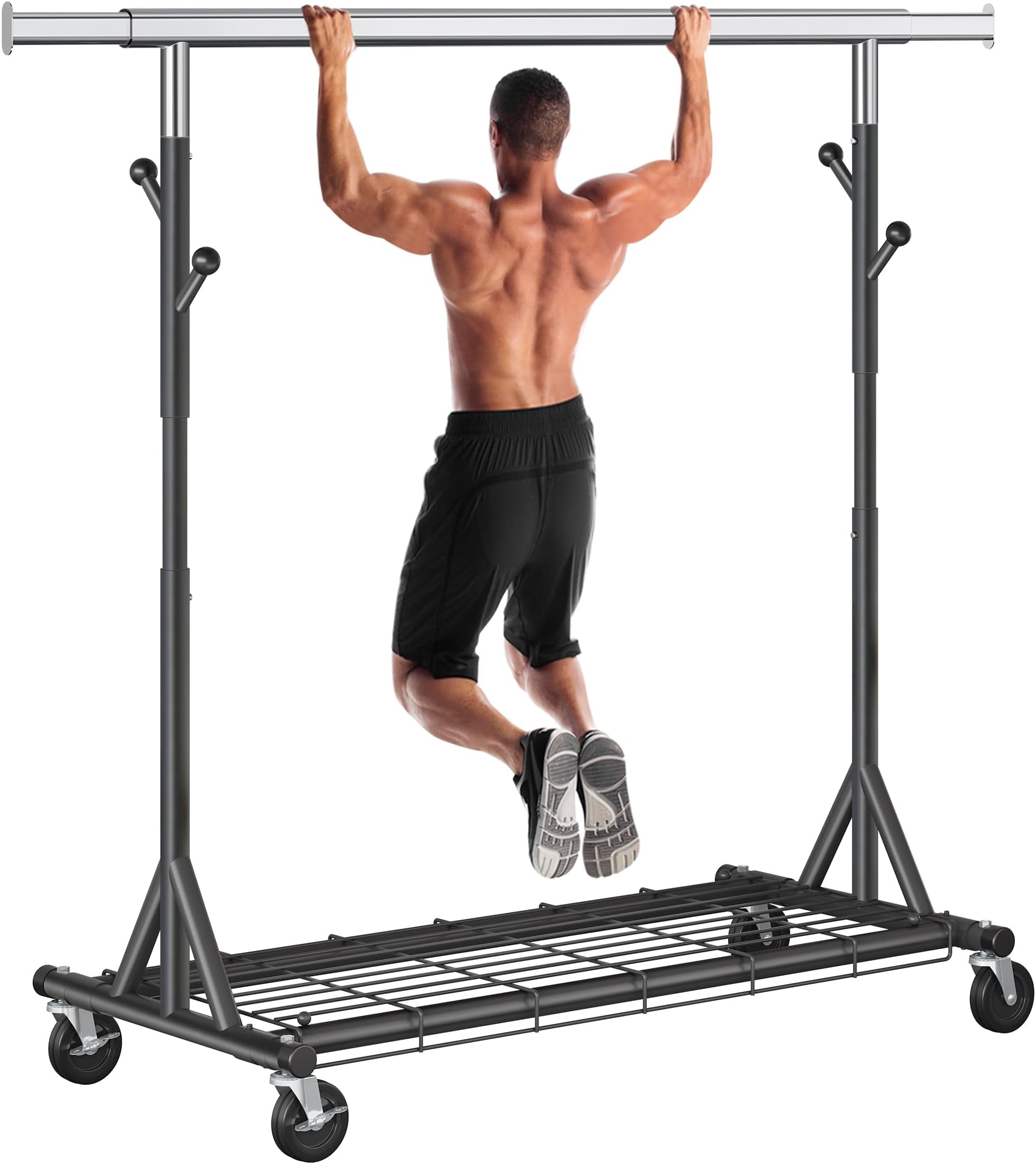 Garment Rack Load 530lbs,Heavy Duty Rolling Clothes Rack With Sturdy Wheel And Shelves, Adjustable Portable Hanging Rack For Clothes, Chrome Stainless Steel, Black