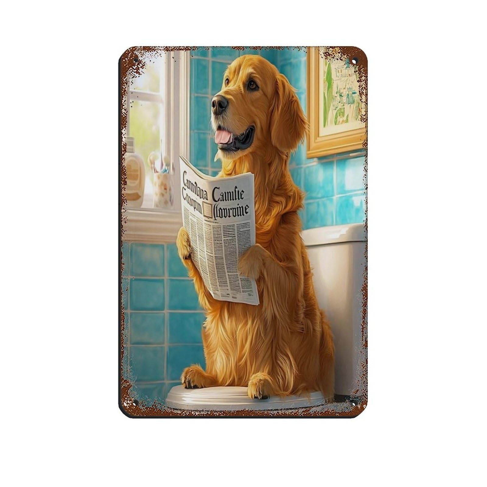Lxwnze 20L X 30W Cm Golden Retriever Reading Newspaper Bathroom Tin Sign Vintage Metal Pub Club Cafe Bar Home Wall Art Decoration Poster Retro 8X12inch(20X30cm)
