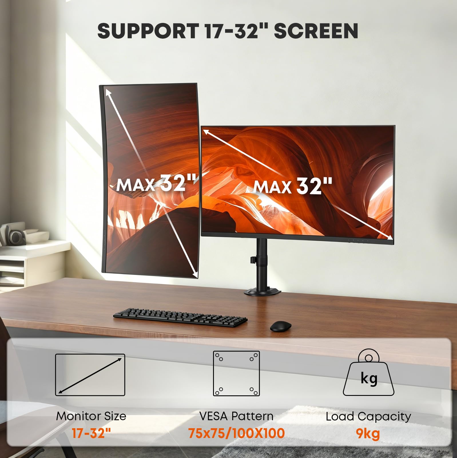 PUTORSEN Supporto per 2 monitor per schermo da 17-32 pollici, fino a 9 kg | Altezza del palo di 438 mm con ulteriore campo di regolazione fine di 40 mm, braccio scorrevole VESA per 2 monitor