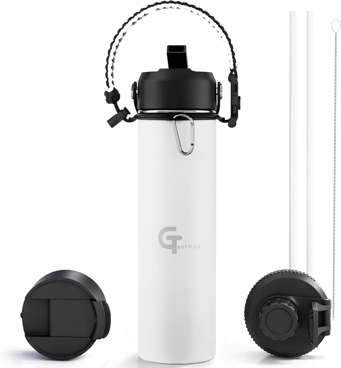 22oz Insulated Stainless Steel Water Bottle with 3 Lids & Paracord Handle – Leakproof Wide Mouth Metal Sports Bottle for Gym, School & Travel (White, 22oz)