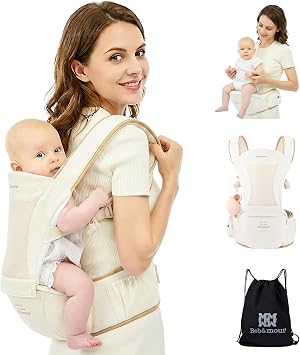 Bebamour Baby Carrier with Hip Seat, 6 Carrying Positions, Newborn to Toddler Baby Carrier 0-36 Months, Adjustable Waist & Padded Shoulder Straps, Head Hood, Pacifier Case & Teething Pads Beige