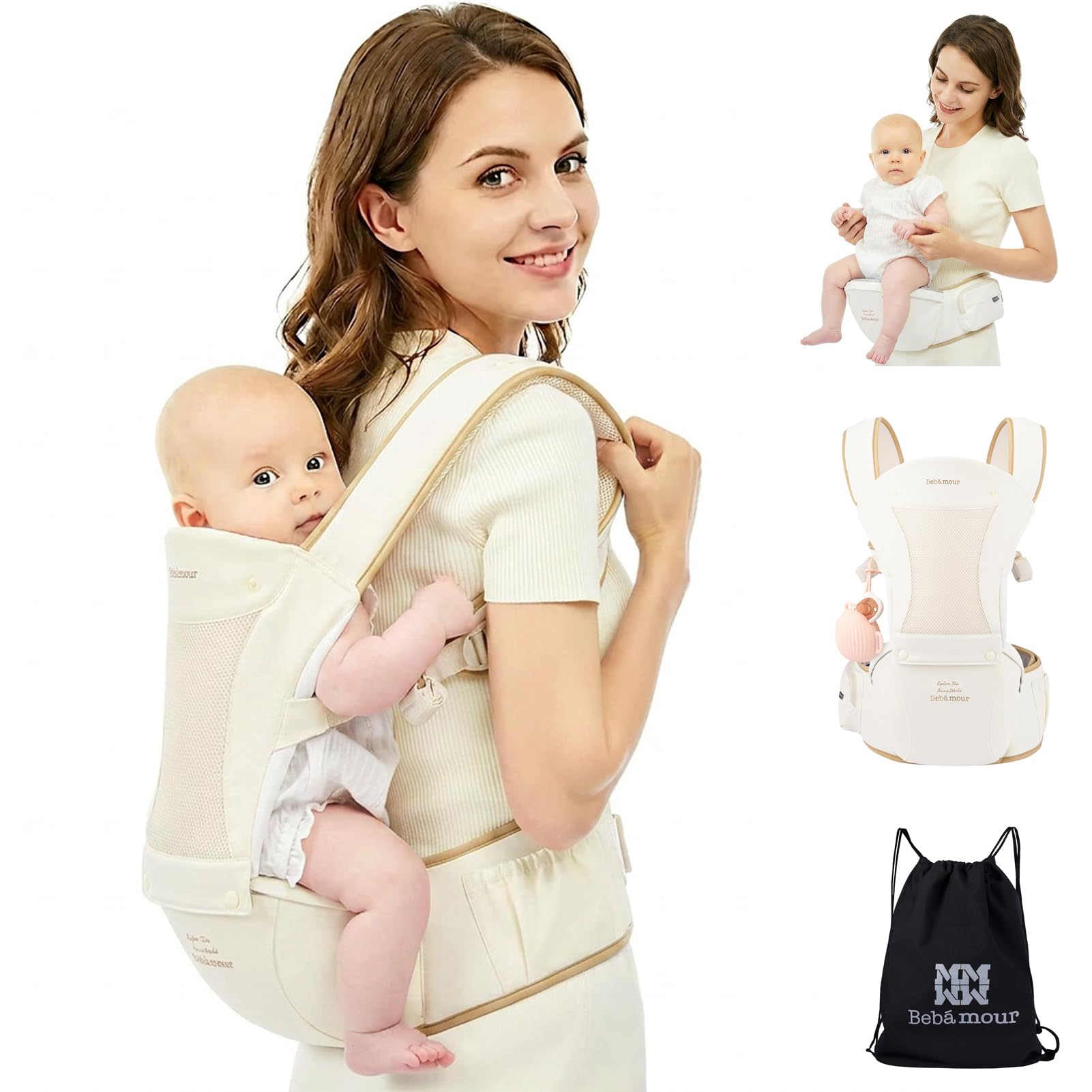 Bebamour Babytrage für Neugeborene bis Kleinkinder, Hüftsitz 0-36 Monate mit Kopfhaube, 3 Stück Beißpolster, Hüftverlängerung, Aufbewahrungstasche und Schnulleretui,beige