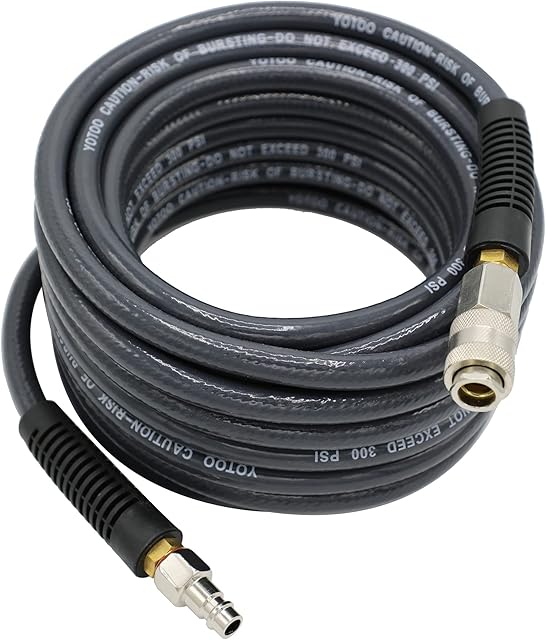 YOTOO PVC Air Compressor Hose 10m Long 6mm ID X 11mm OD 300 PSI with 1/4-Inch Europe Steel Quick Coupler Fittings and Bend Restrictors for Heavy Duty, Lightweight, Flexible at All Weather Use, Gray