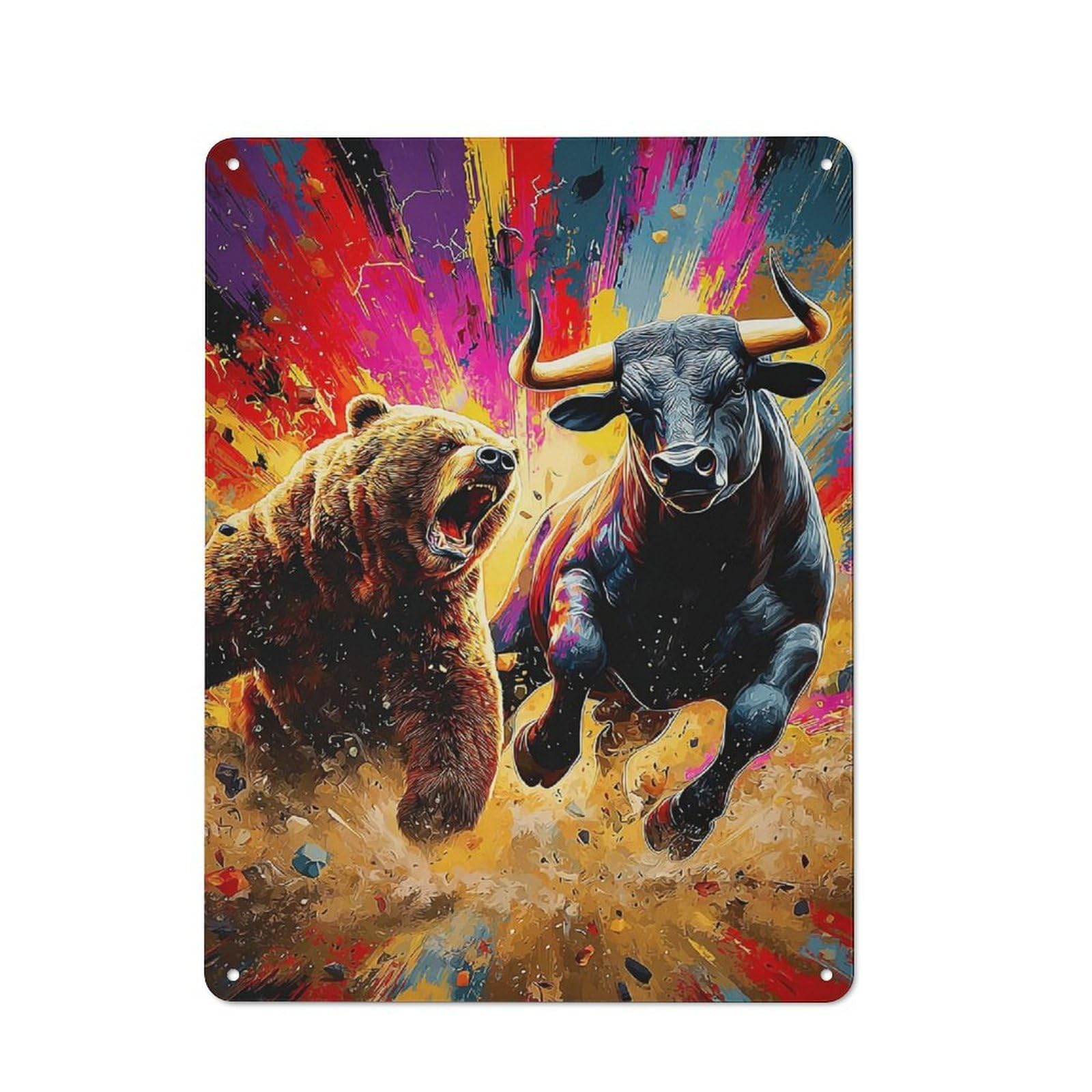 Junmoney Bear Vs. Bull Market Battle -2 Metal Wall Sign 40X30cm Featuring For Home Bar Wall, Suited To Bar Sign Collectors