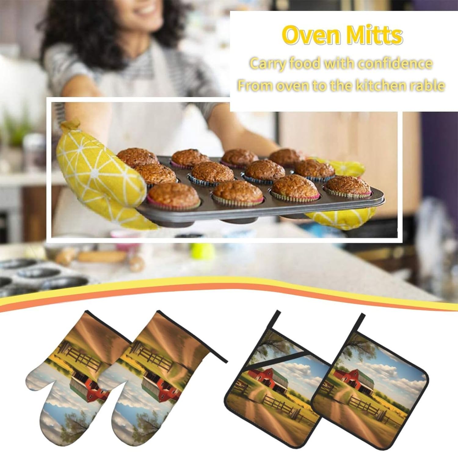 Ranch View Oven gloves and heat-resistant mat 4-piece set. Suitable for grilling, microwave oven frying, and baking