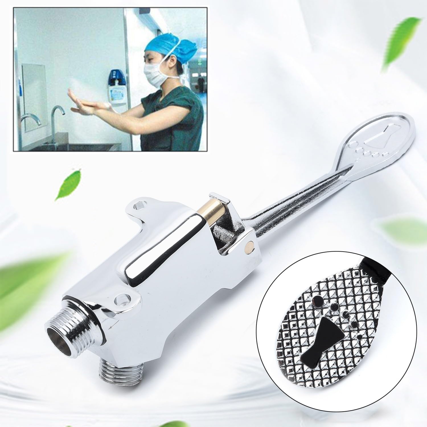 Válvula de grifo accionada por pie con control de pedal de piso, salida de entrada de 1/2 pulgada, para hospitales y lugares públicos, cobre y construcción de acero inoxidable 304 (4)