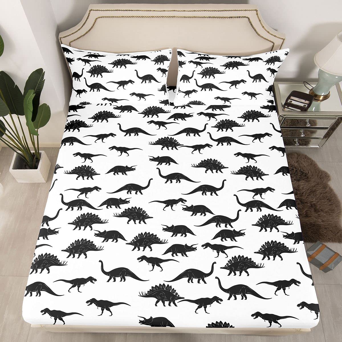 Loussiesd, Set di lenzuola per letto king size, per bambini, con animali, carino, stile cartone animato, 3 pezzi, include 1 lenzuolo e 1 lenzuolo con 2 federe, morbido, motivo: dinosauri