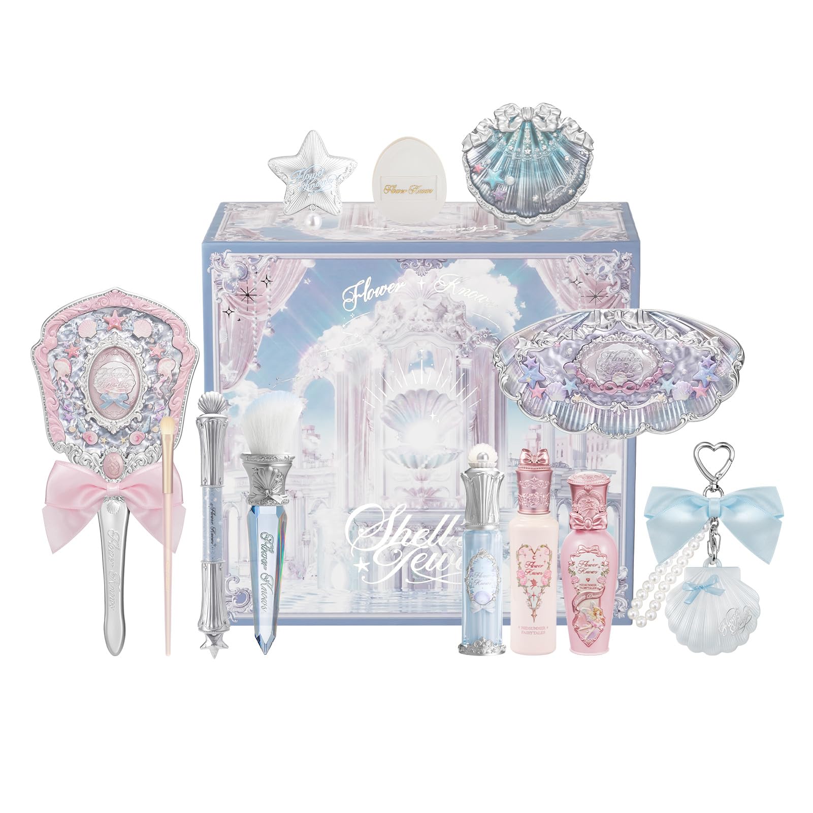 Flower Knows Shell’s Jewel 13-Piece Makeup Gift Box Set,Lip Gloss×2+Blush×1+ Eyeshadow Palette×1+Highlighter×3+Hand Mirror×1+Hair Clip×1+Mini Powder Puff×1+Blush Brush×1+Eyeshadow Brush×1+Gift Box×1 06 Seaside Whispers