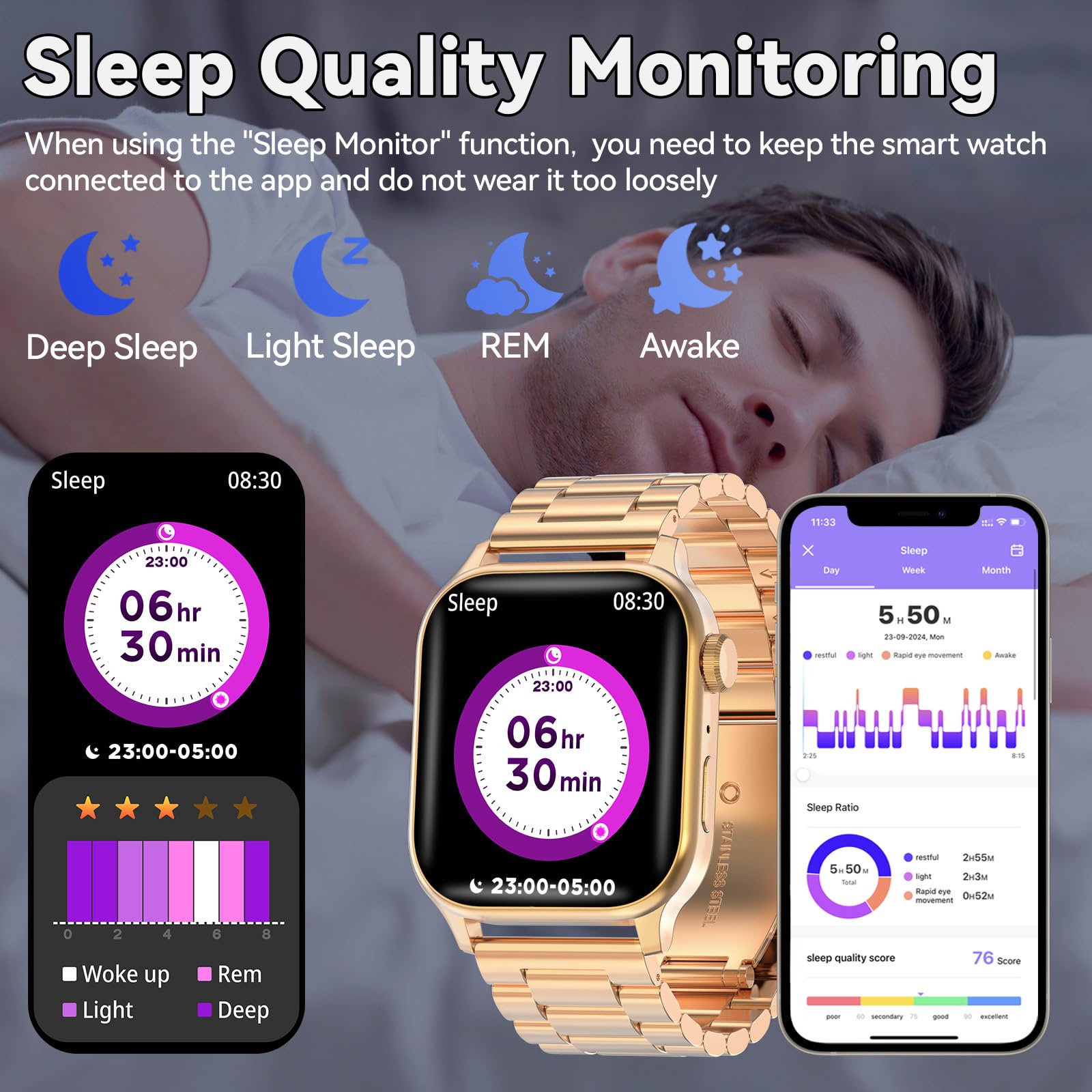 Montre Connectée Homme Femme, avec 2 Bracelets Réglables, la Fonction D'appel et L'assistant Vocal, 100+ Modes Sportifs, Smartwatch, Compatible avec Android et iOS, Dorée