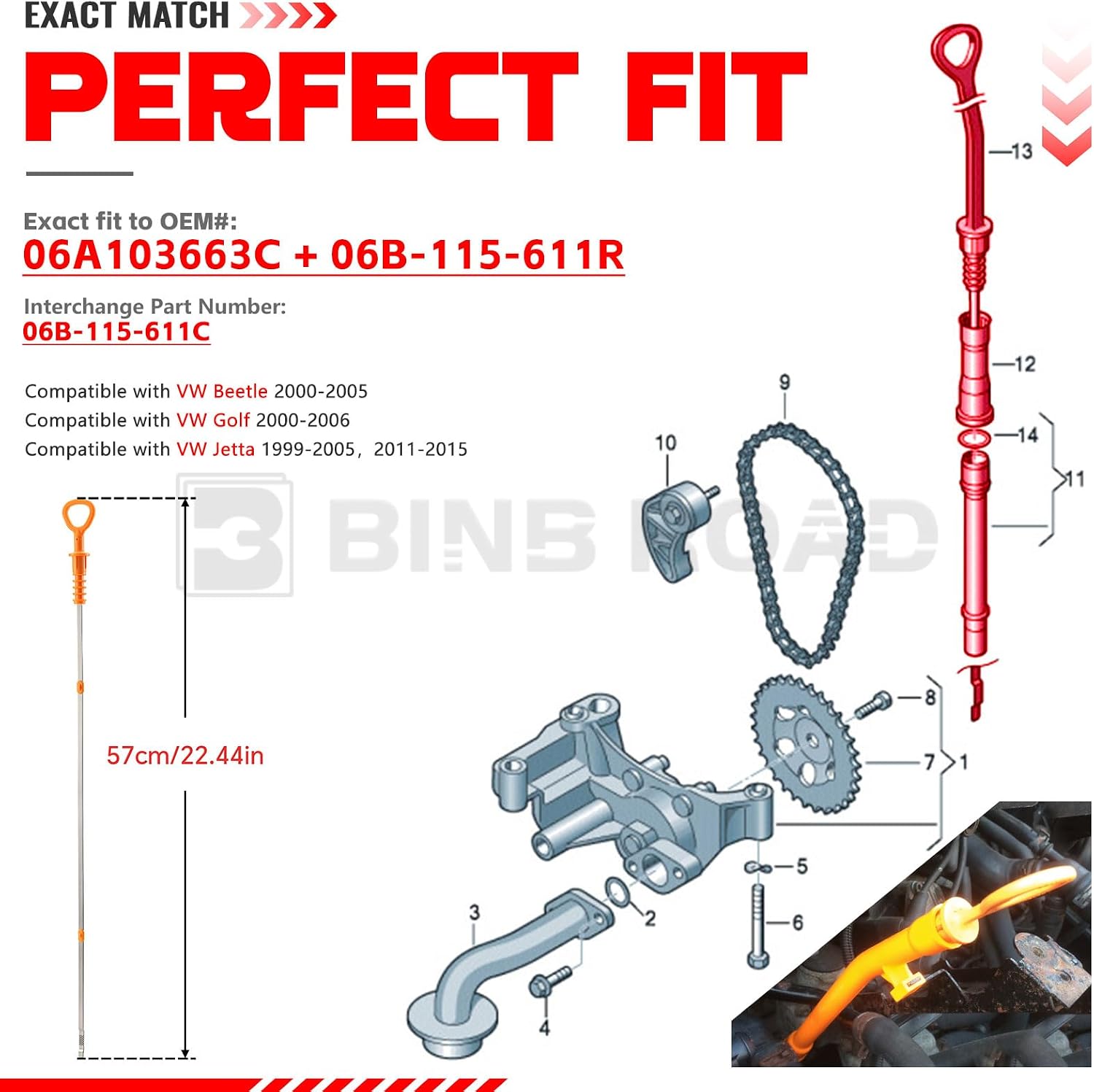 Engine Oil Fluid Dipstick and Oil Dipstick Funnel Tube Compatible with VW Jetta Golf Beetle (Replaces 06A103663C + 06B-115-611R)