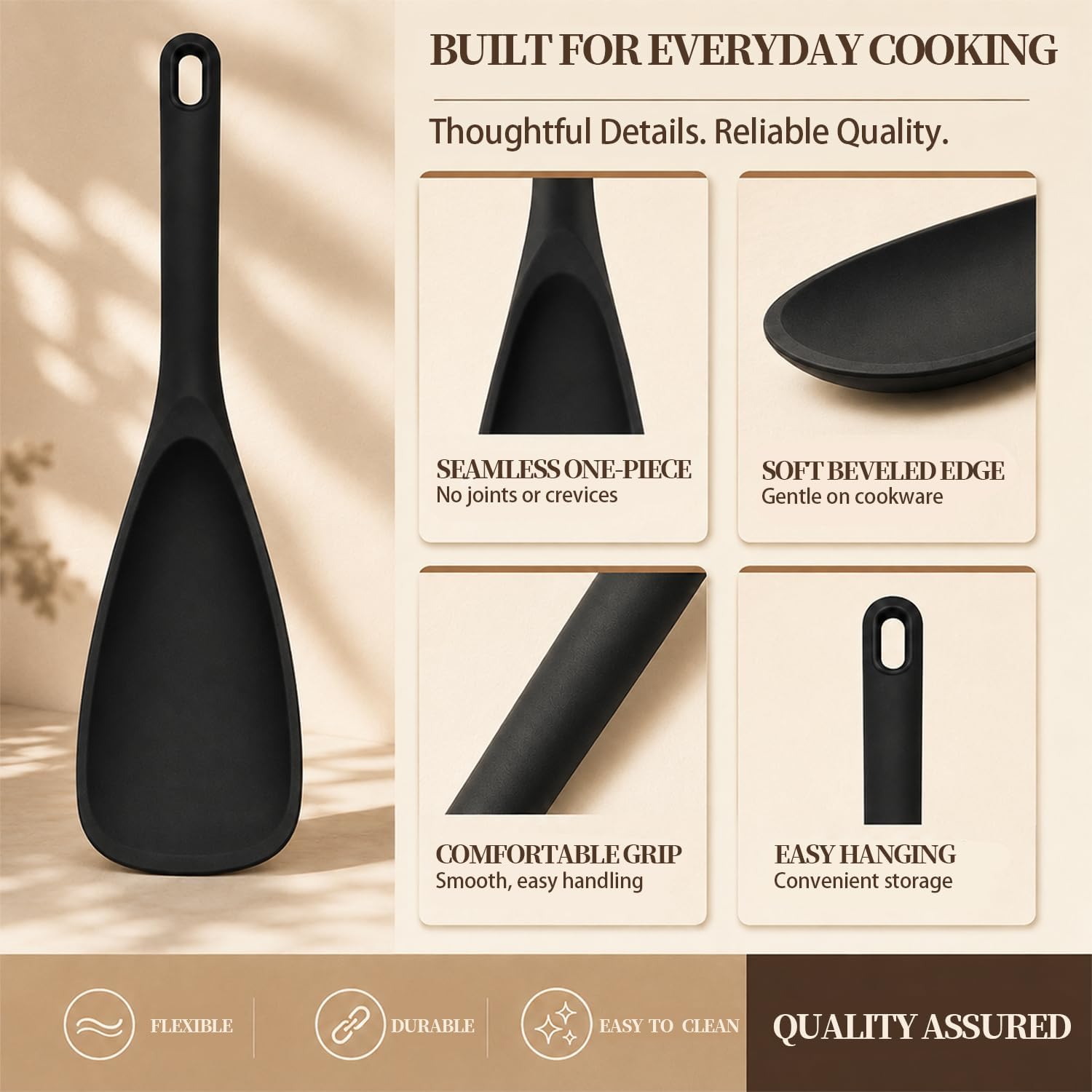 3 Pack Cooking Spoon for Nonstick Cookware, One-Piece Matte Silicone Spatula Spoon, BPA-Free Multifunctional Utensil for Mixing, Scraping, Scooping, Serving, Dishwasher Safe