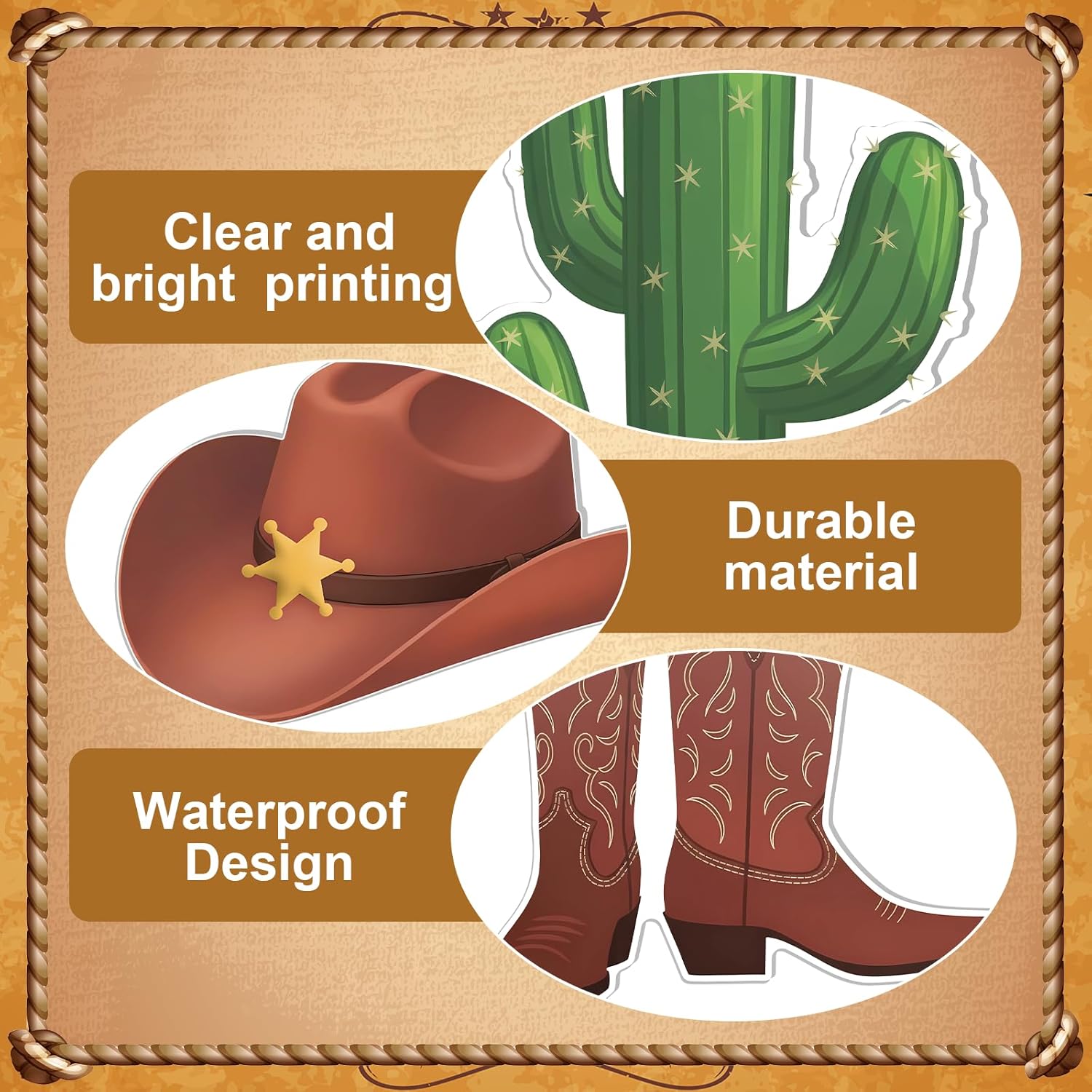 3 Pcs Western Cowboy Party Decorations Cowboy Country Cardboard Cutout with Hat Boots Cactus Standup for West Decorations Cowgirl Photo Prop Farm Wild Occident Desert Party Decor Supplies