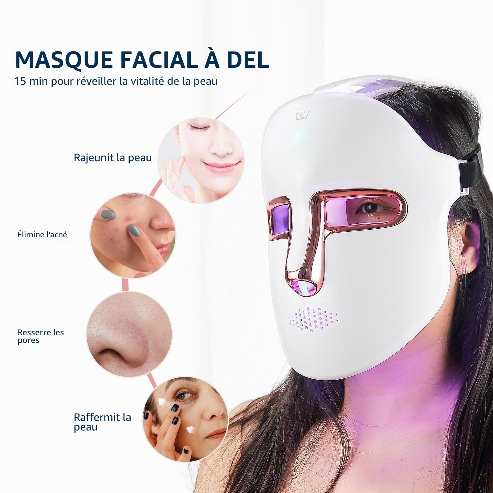 Masque de beauté LED sans fil, 7 couleurs avec 270 perles, masque lumineux LED rechargeable pour la beauté du visage, anti-anges, rajeunissement, raffermissant, rides lisses
