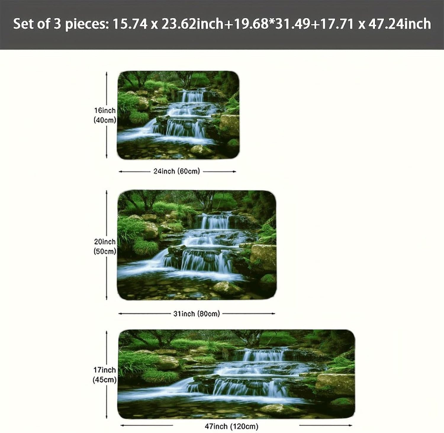 Waterfall Flowing Down Kitchen Mats Soft Absorbent Rugs for Floor Non Slip Washable Kitchen Mats Fashion Rectangular Rugs for Three-Piece Set for Laundry Office Home Sink