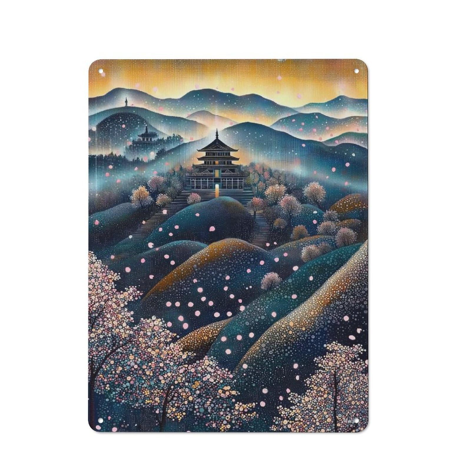 Junmoney Cherry Blossom Temple In Pointillist Style Understated Office Metal Sign 40X30cm Featuring Study Room Decor For Home Office, Reading Corner Or Bedroom