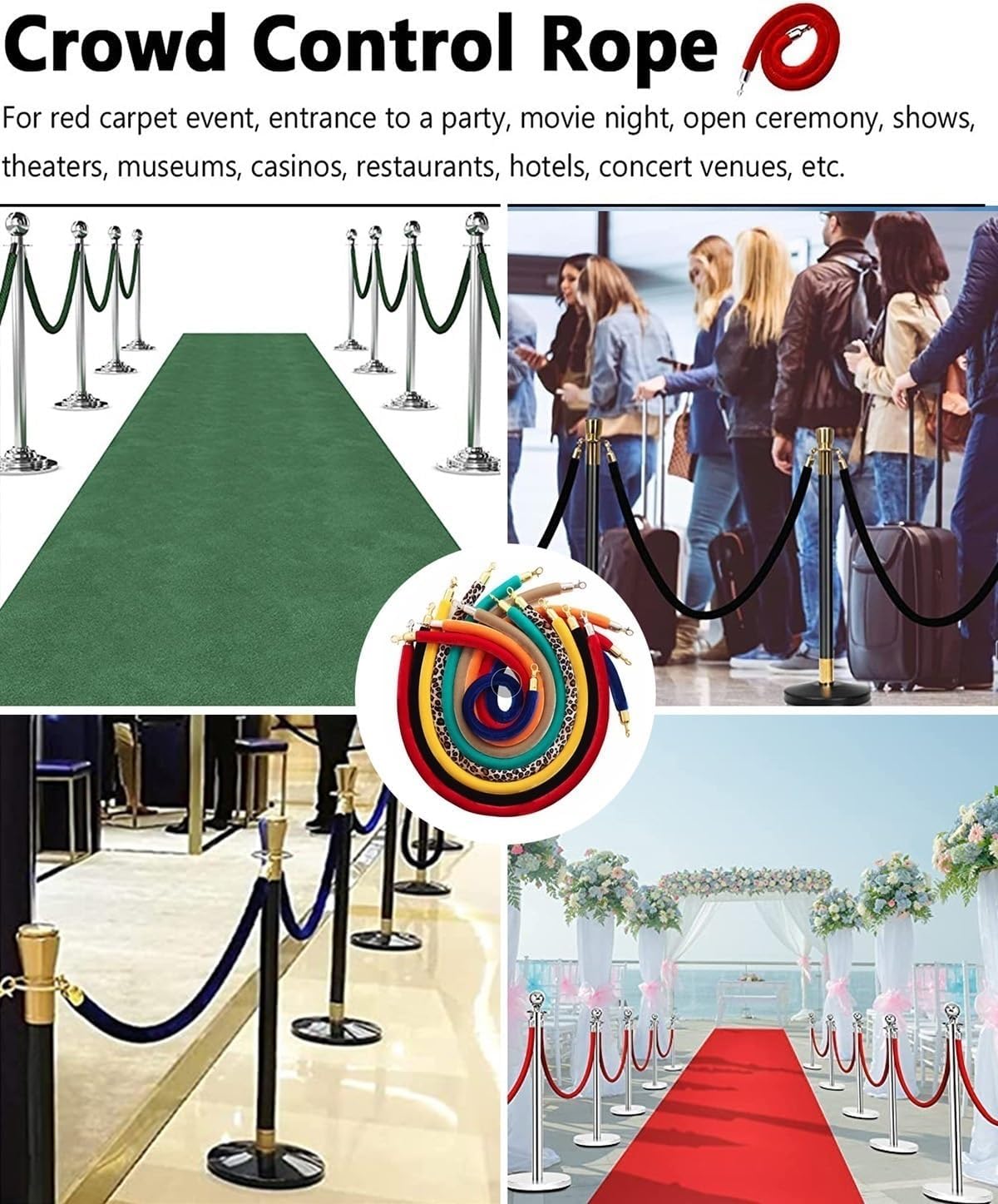 Black Velvet Rope Barrier with Polished Snaps, 3ft Stanchion Queue Rope for Crowd Control, Elegant Queue Pole Barrier for Events and Red Carpet, Gold Accents