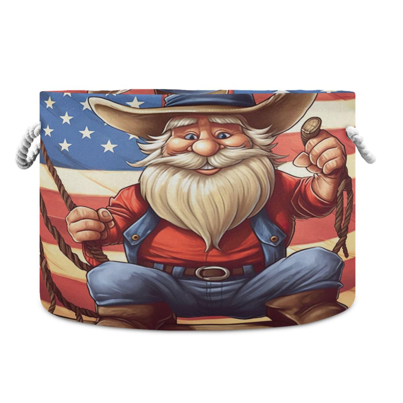 Round American Cowboy Gnome Storage Basket Large Organizer Bin Laundry Hamper Toy Storage Basket with Handle for Nursery Clothes Toys 202b4201