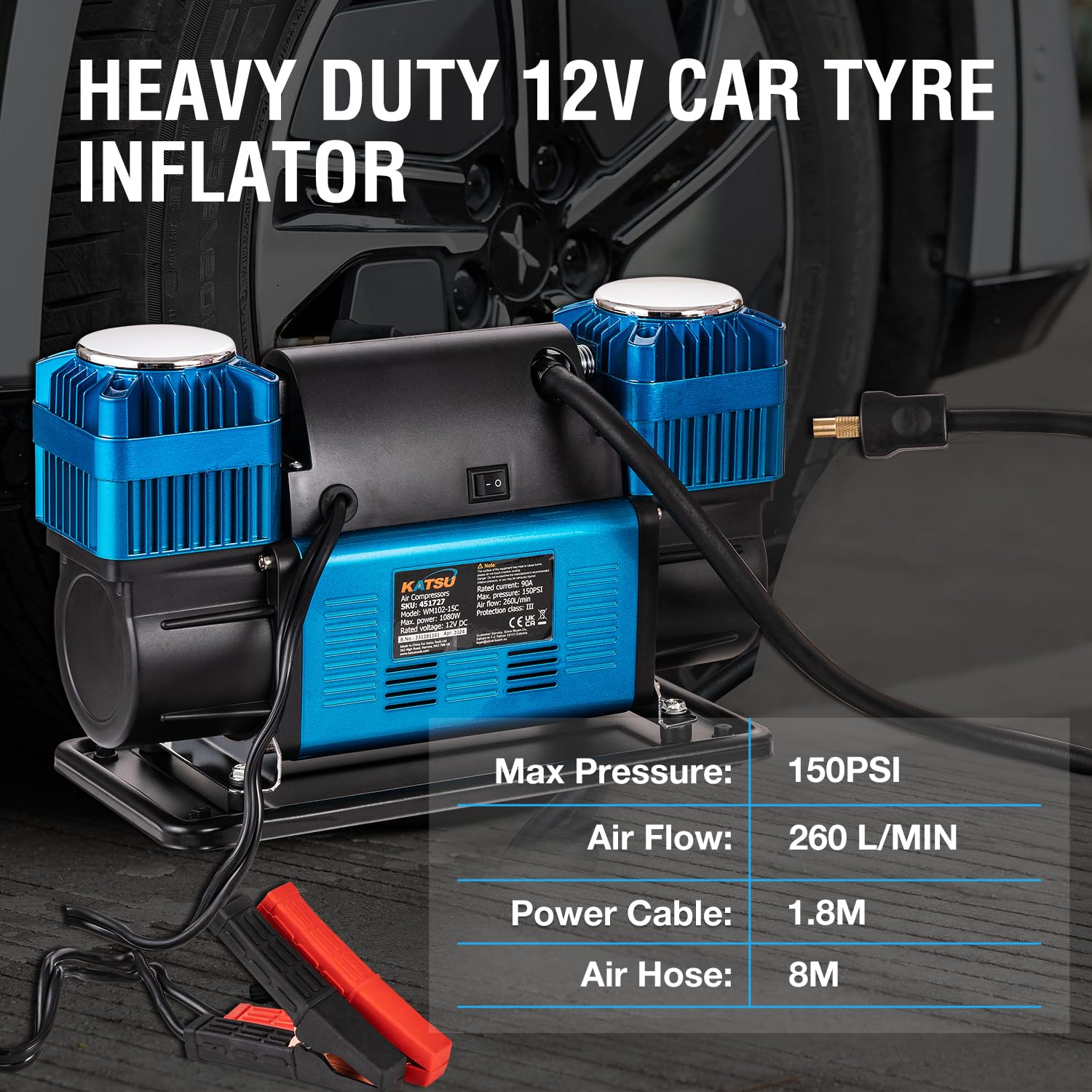 KATSU Tools Profesional Inflador de Neumáticos de Coche con Doble Pistón, 150 PSI 12V 90Amp Portátil Gran Volumen Compresor de Aire Bomba de Neumáticos para 4WD Auto Van Camiones Inflables