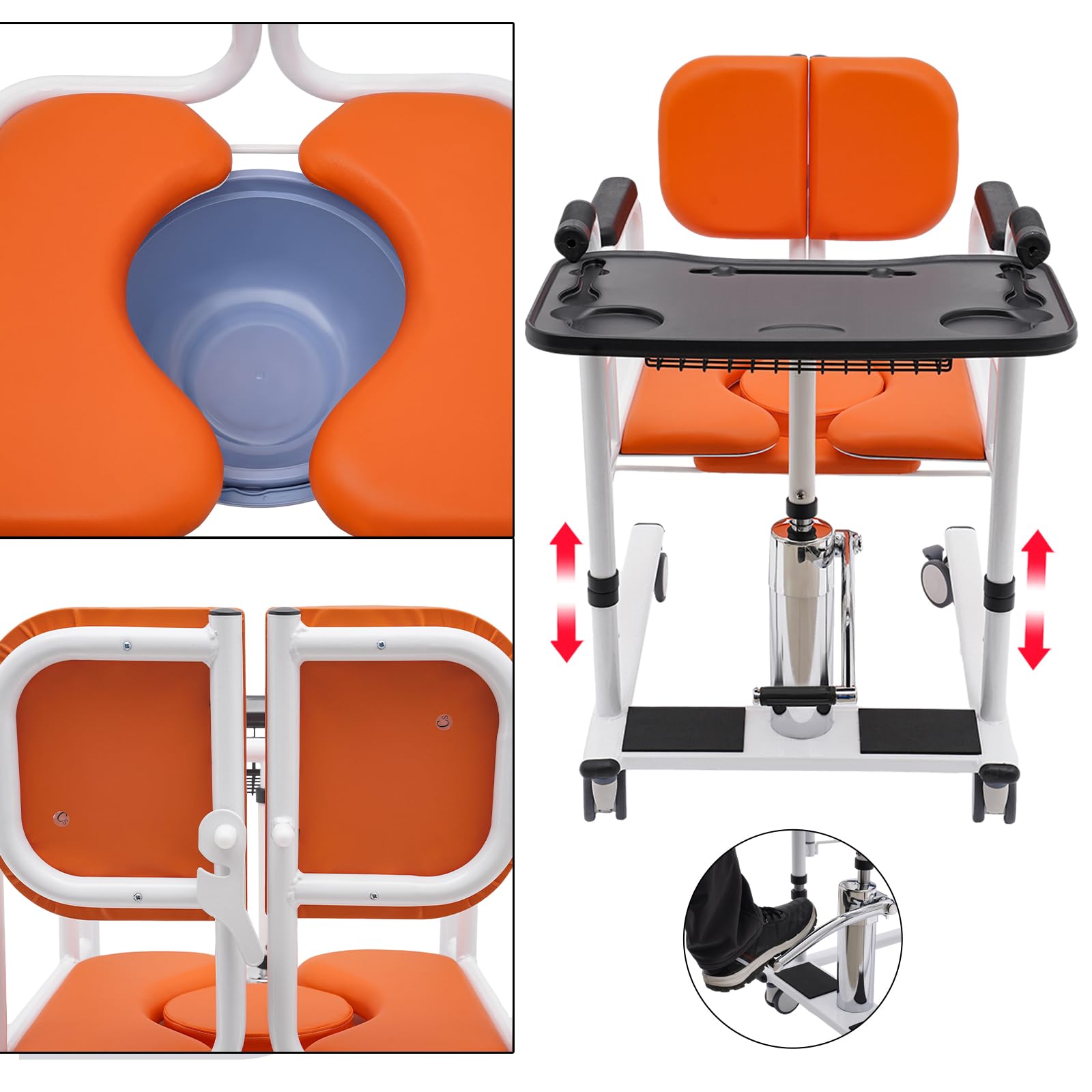 Sollevatore idraulico per pazienti con sedia per WC, ruote con freni, seduta divisa a 180°, regolabile in altezza, fino a 150 kg (arancione)