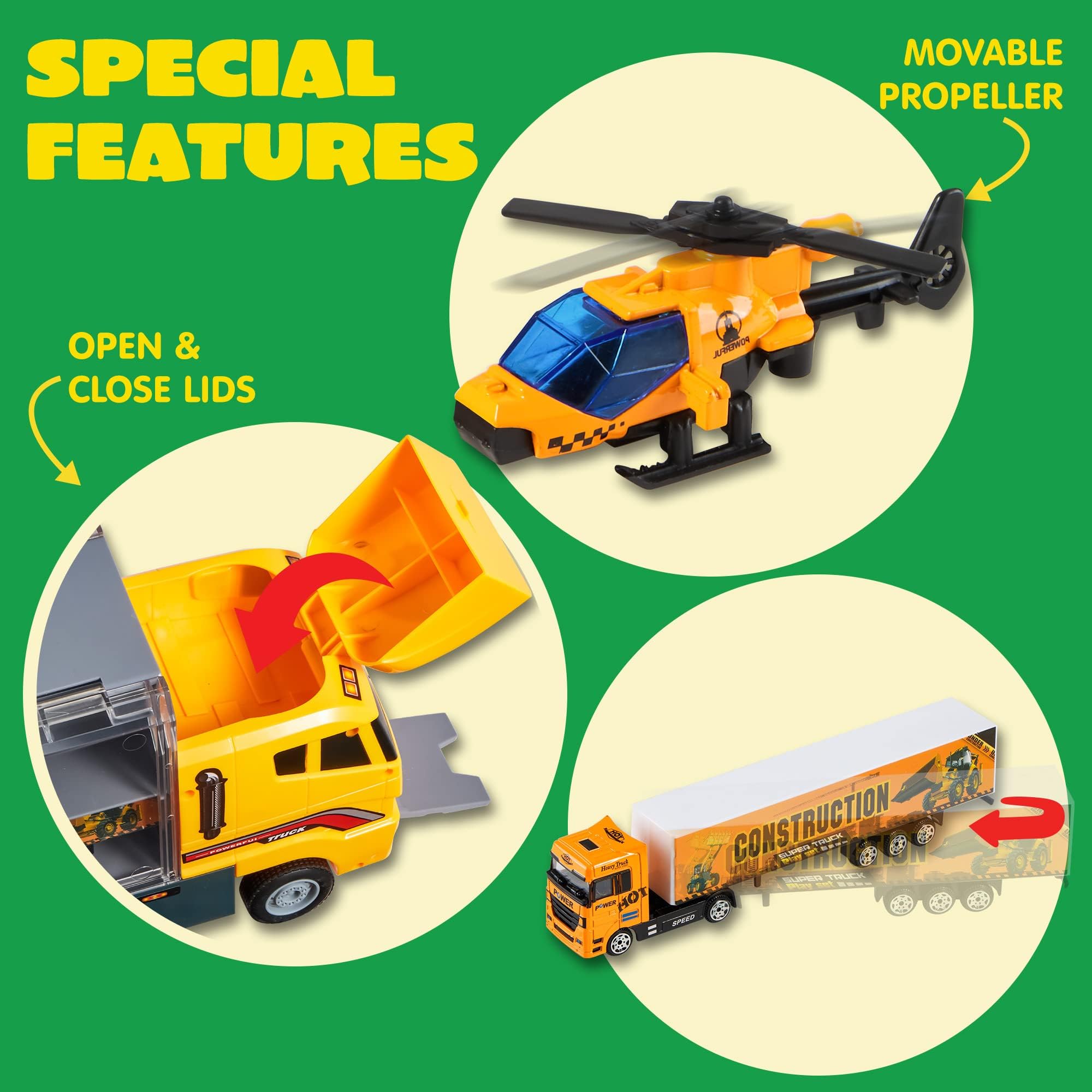 JOYIN Lot de 11 mini camions de construction moulés sous pression - Avec 8 figurines techniques - Cadeau d'anniversaire d'enfant pour garçons à partir de 3 ans