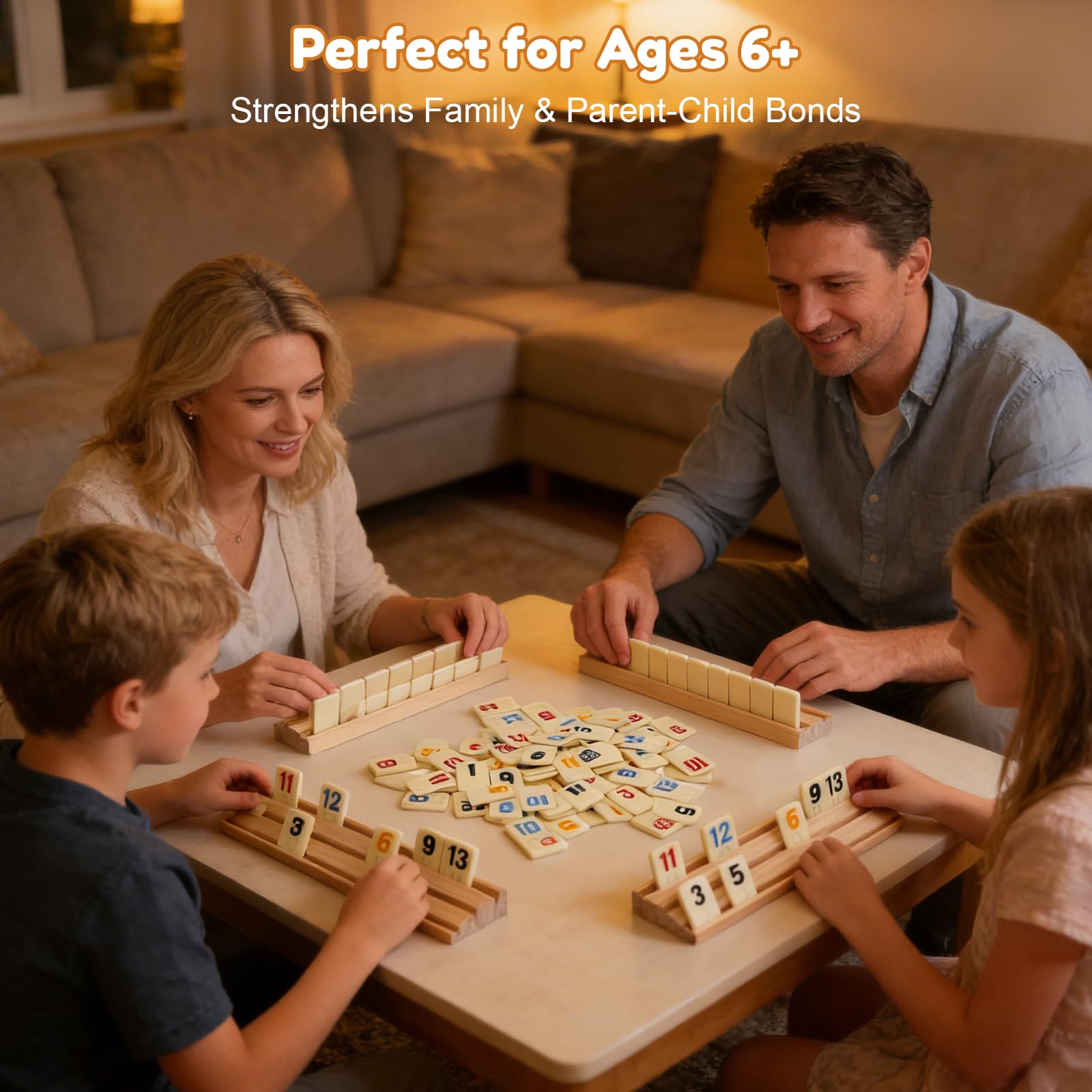 Rummy Gesellschaftsspiel aus Holz mit Tablett aus massivem Buchenholz und 106 robusten Chips