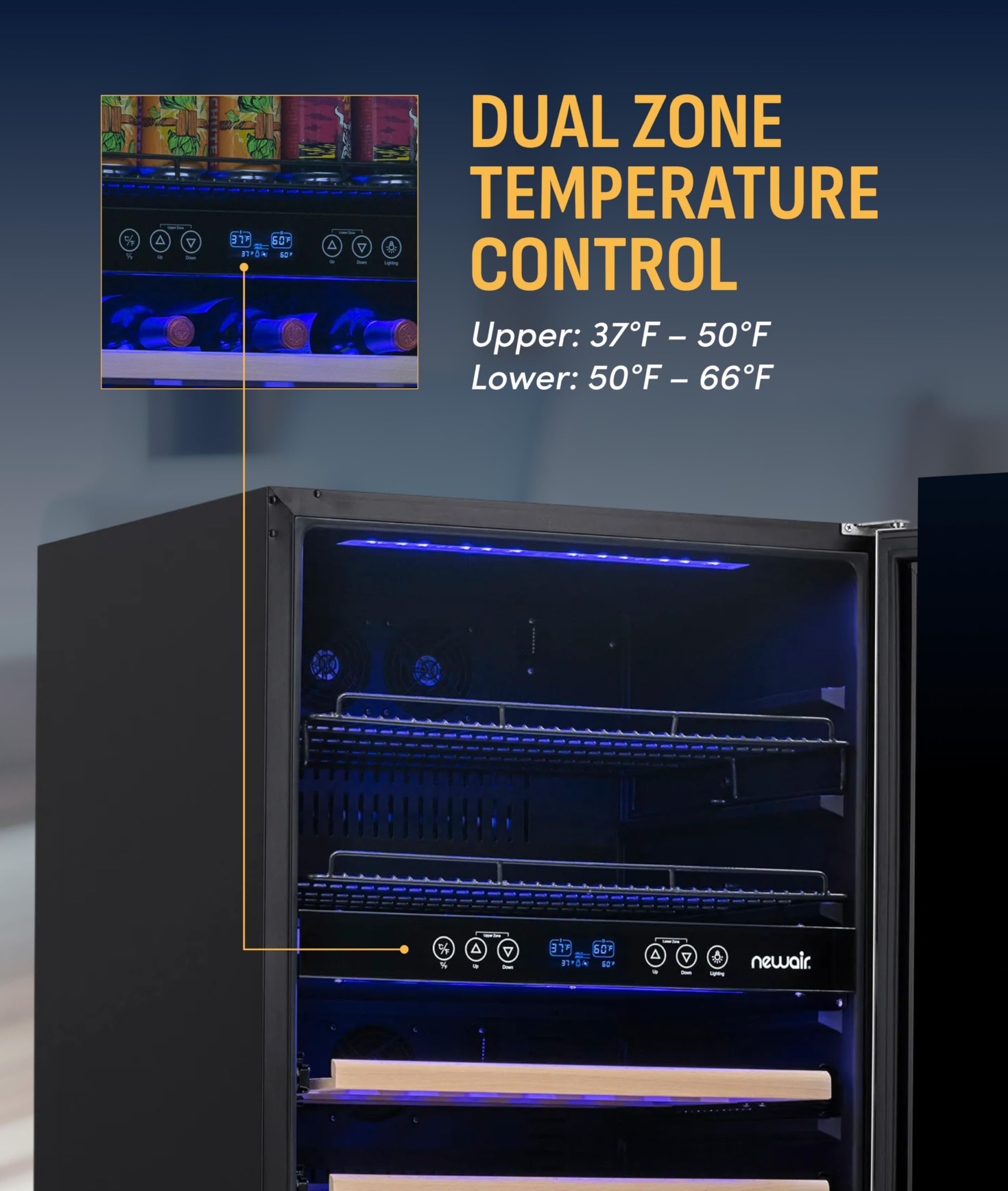 NewAir 24" Dual Zone Beverage Refrigerator & Wine Cooler For 20 Bottles & 70 Cans | Freestanding Or Built-In Under Counter Mini Fridge For Beer, Wine And Soda | Stainless Steel on Fridge.com - View 5