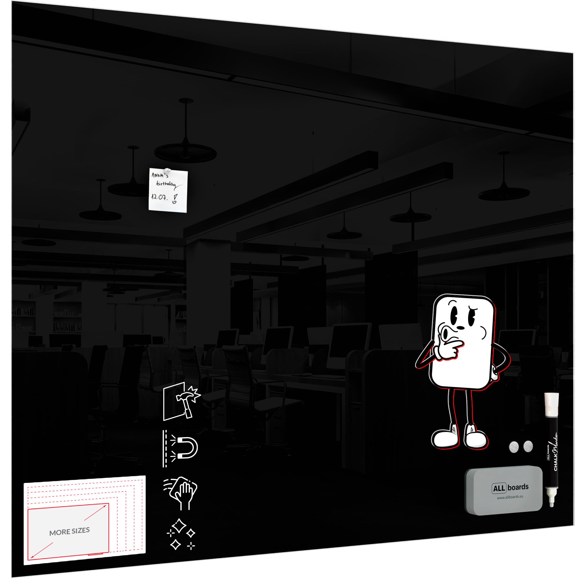 ALLboards Magnetic Black Glass Board 150x120m, Frameless, Glass Magnetic Board, Tempered Glass, Writing Board โ image 1