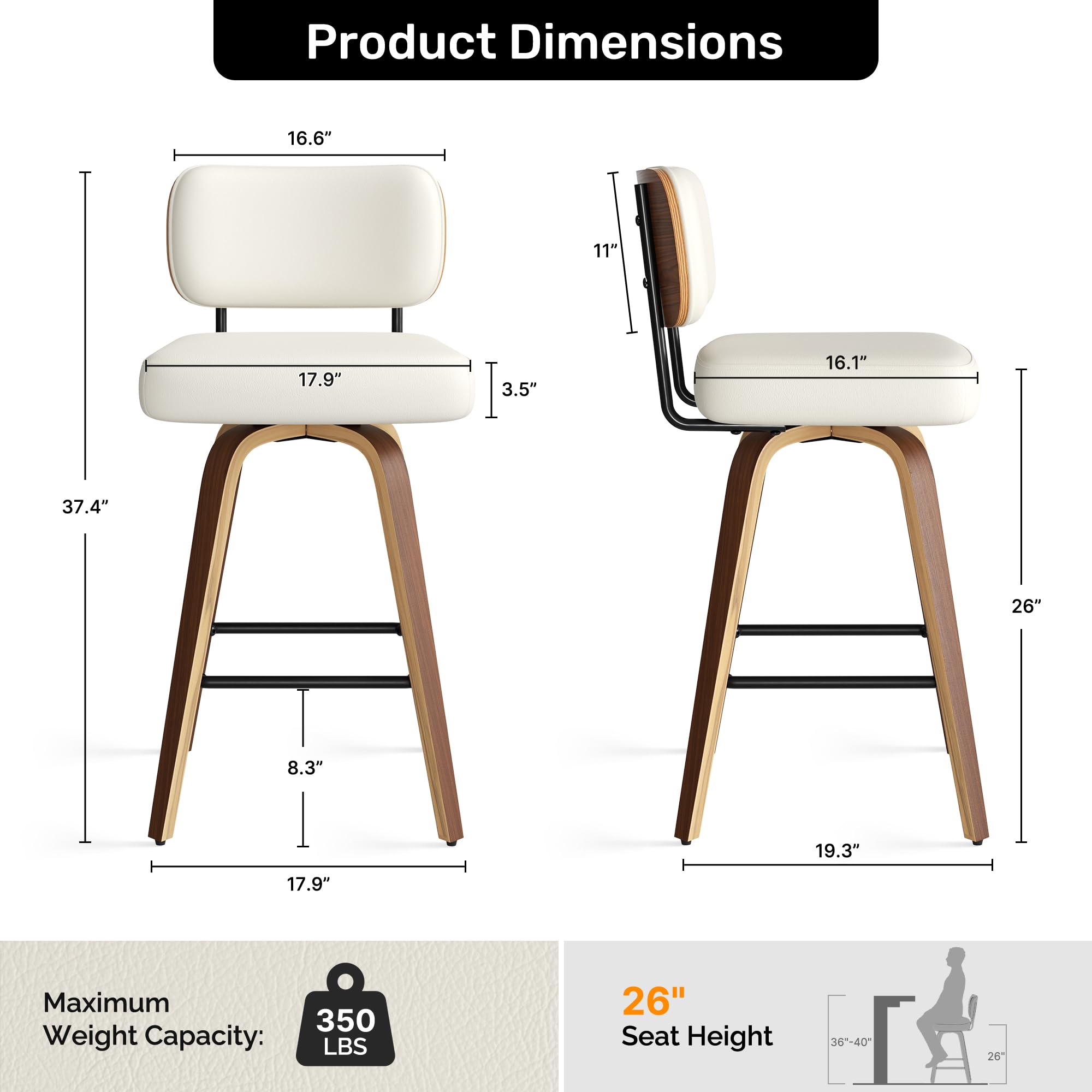 Swivel Bar Stools Set of 2, 26" Upholstered Faux Leather Counter Height Barstools with Walnut Back & Bentwood Legs, Mid Century Modern Bar Chairs Island Stools for Kitchen Counter, Beige - 3