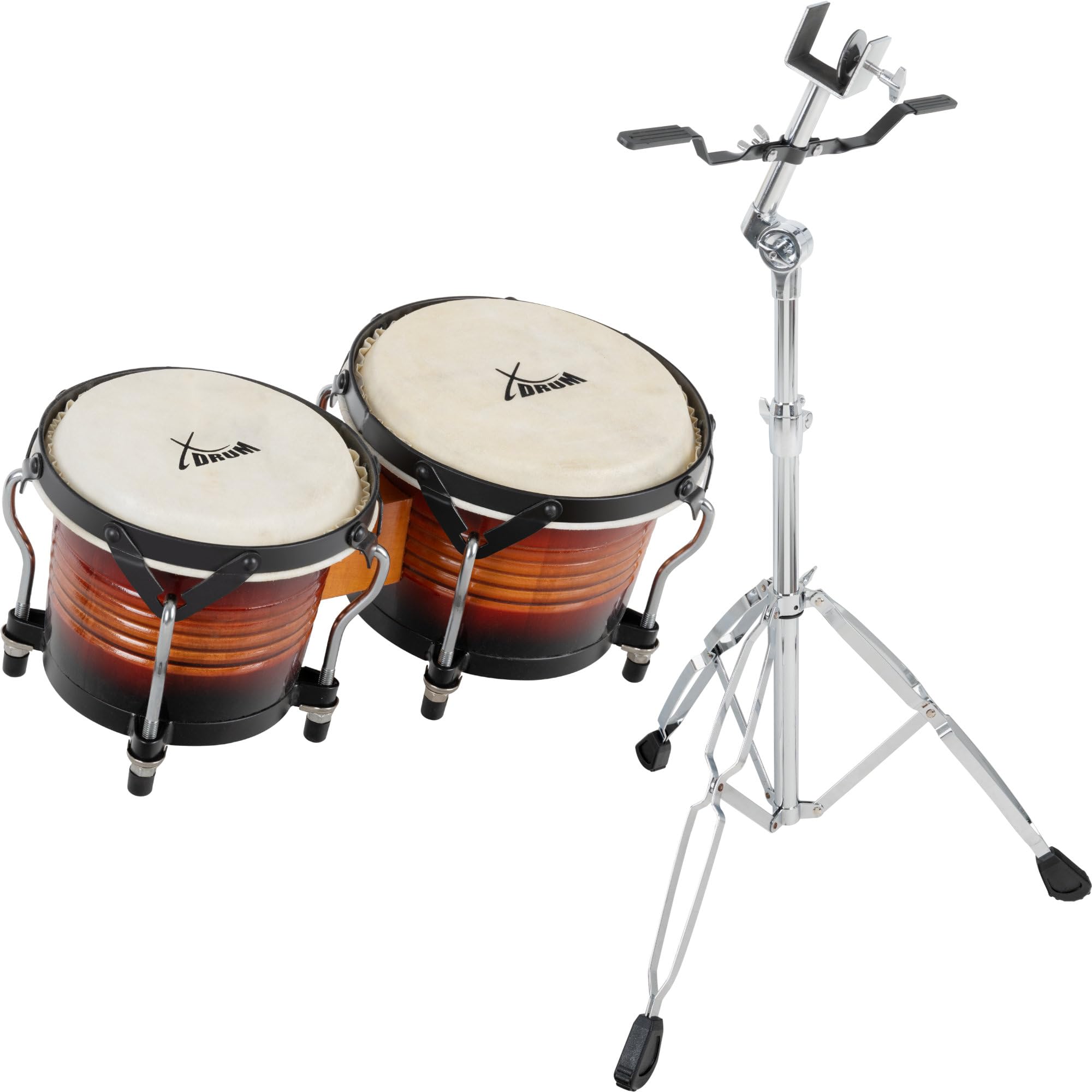 XDrum Bongos Pro Vintage Sunburst - 2 Tamburi con diametro 6,5" (17 cm) e 7,5" (20 cm) - Bonghi con pelli naturali accordabili, chiave di accordatura e supporto - Tamburi in legno rosso-marrone