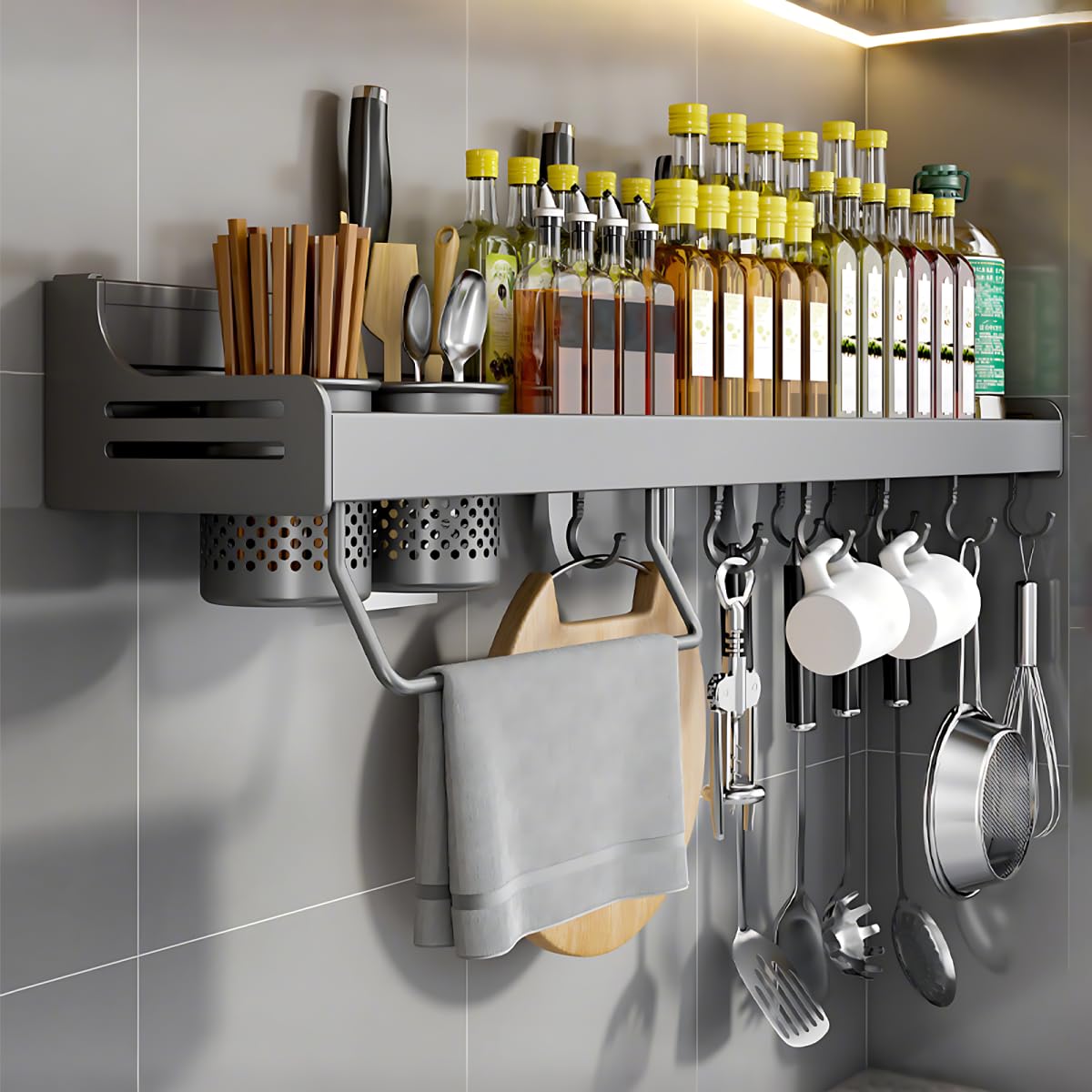 Hovoto Gewürzregal, Gewürzregal Hängend, GewürzregaleKüchenregal wand ohne Bohren, Gewürz Organizer mit Messerschlitz, Haken, Becher, Küchenregal Wand für Gewürze, grau, 60cm