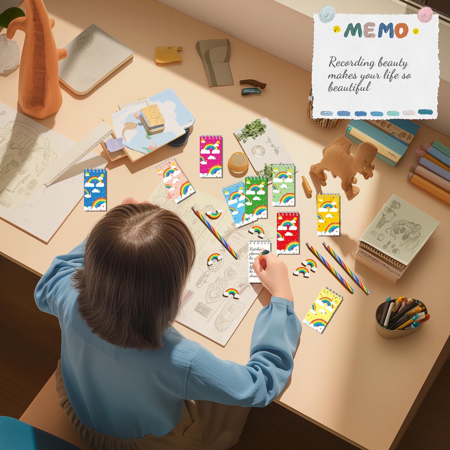 Rdlobu 34 Pcs Pencils Set:12 Pcs Rainbow Pencils + 12 Pcs Erasers +10 Pcs Mini Rainbow Notebooks,Regenbogenstifte Kinder,For Students Artist Home DIY School Office Gifts Supplies - Image 4