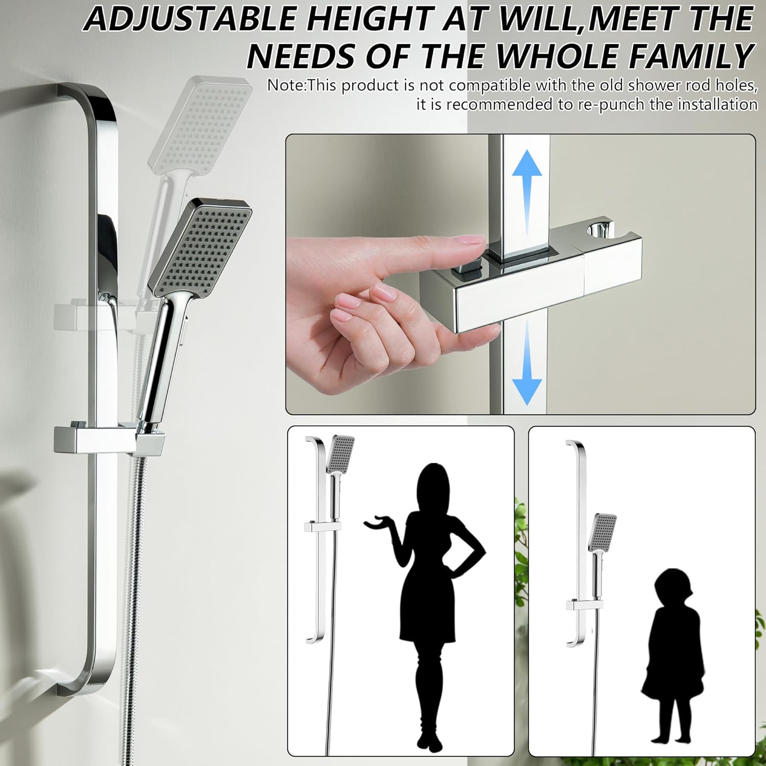 Hand Shower with Slide Bar, 25.5" Adjustable Height Slide Bar for Hand Shower Combo High Pressure Handheld Shower Head and 59" Shower Hose, Chrome