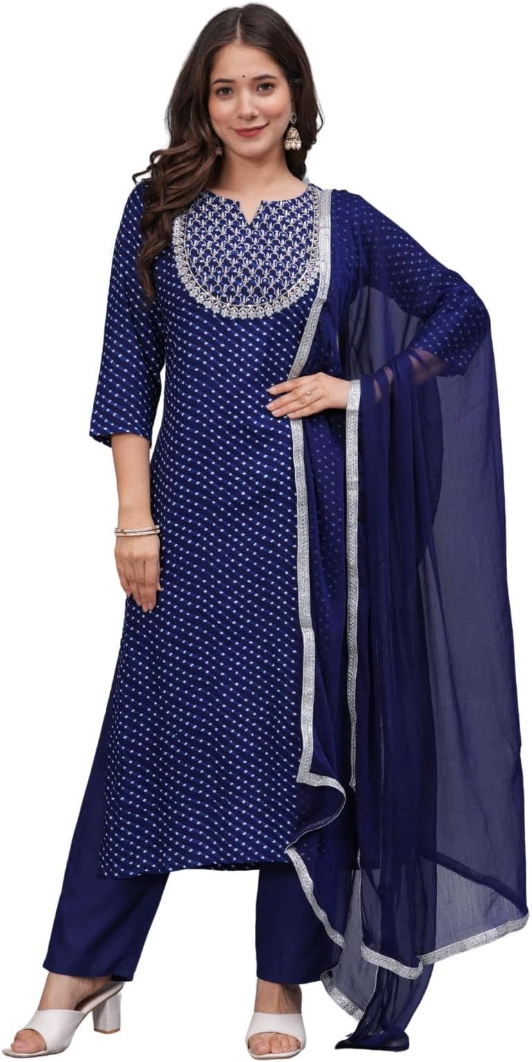 Ladies Blue Embroidered Straight Kurta Set with Palazzo Trousers and Dupatta Ethnic Clothing