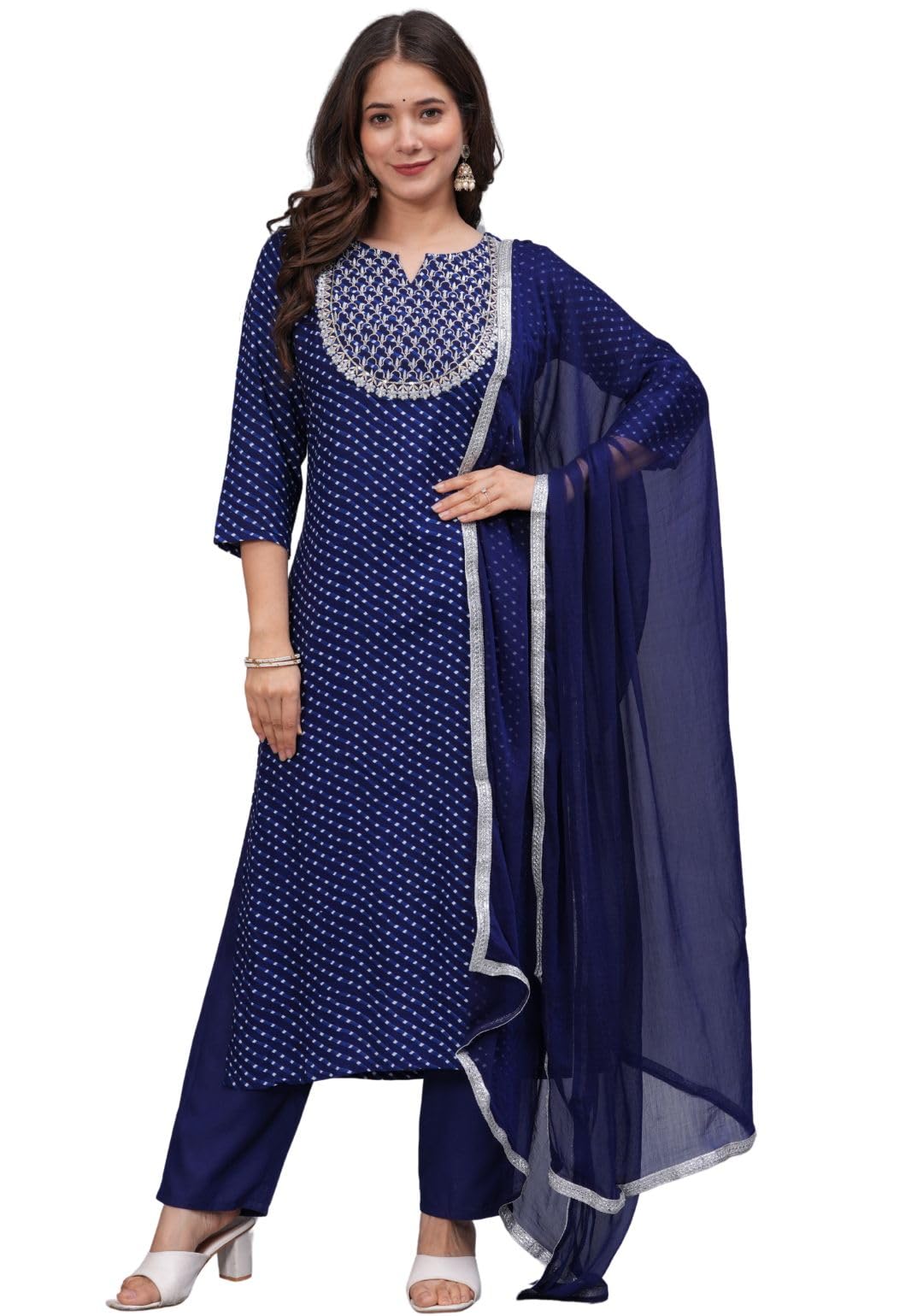 Rytras Women's Embroidered Straight Kurta Set With Palazzo Pants & Dupatta- Ethnic Wear, Blue(Ryt608-New,L)