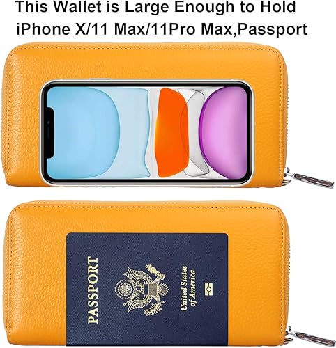 Miniatura 6 de Lavemi Billetera con bloqueo RFID, para mujer, 100% cuero, gran capacidad, con cremallera, soporte para teléfono, bolso de viaje con muñequera