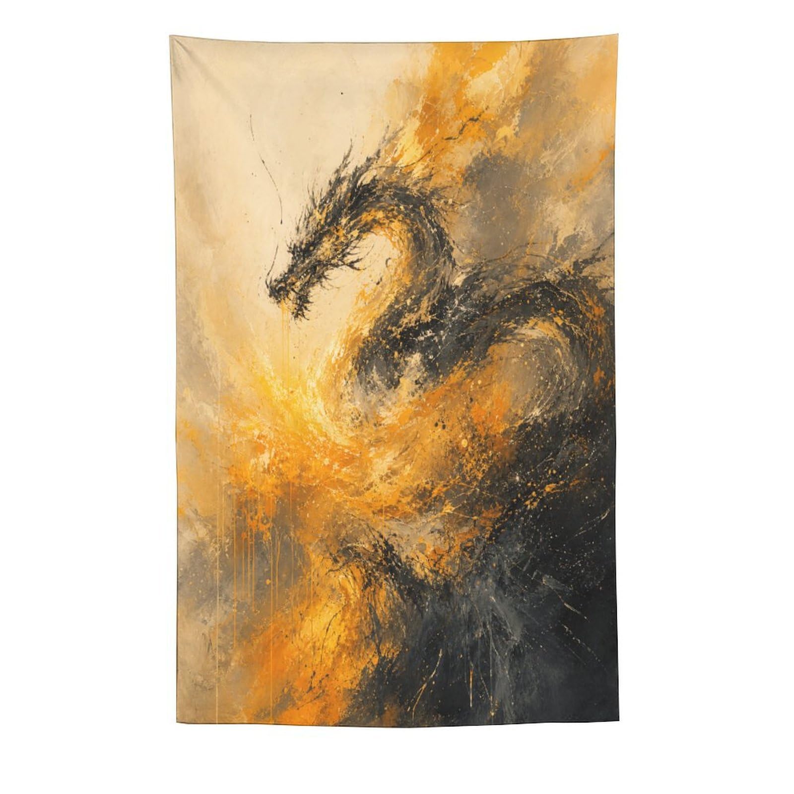 W7C8U2X3 Black Dragon Flame Wall Tapestry, Surrealist Style, Backdrop