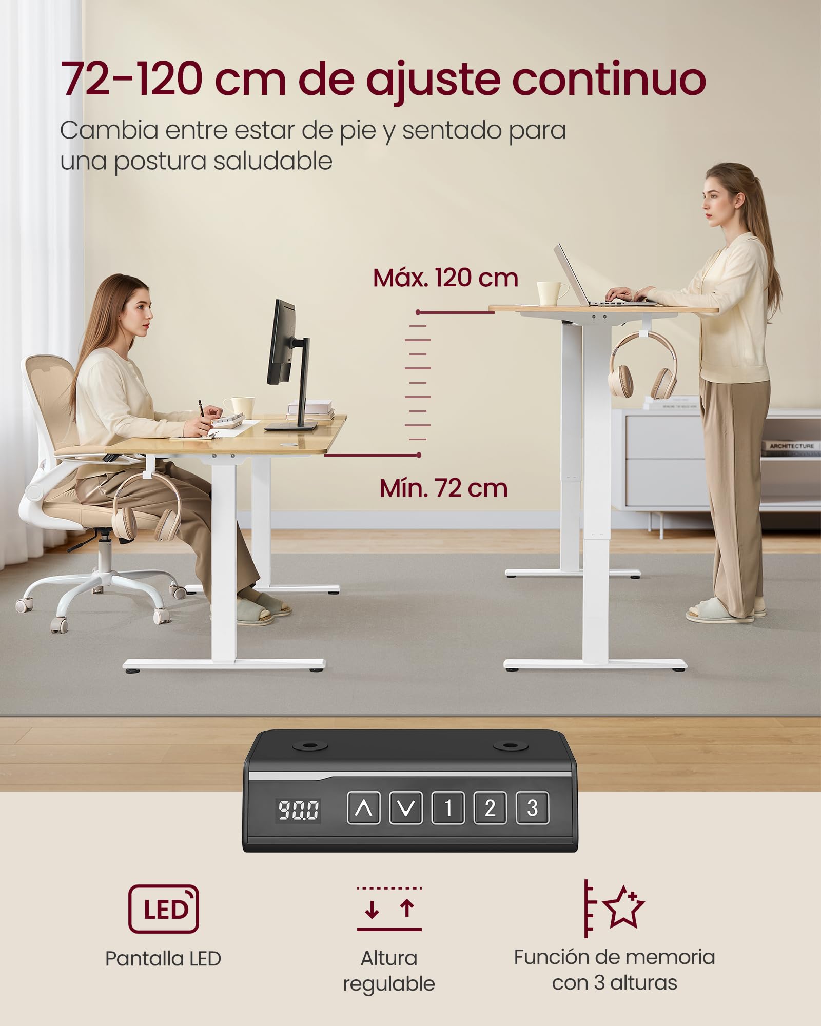 VASAGLE Escritorio Eléctrico Regulable en Altura, Soporte de Escritorio, sin Tablero, con 2 Ganchos, Función de Memoria de 3 Alturas, Acero, Blanco Mate LSD021W01V2